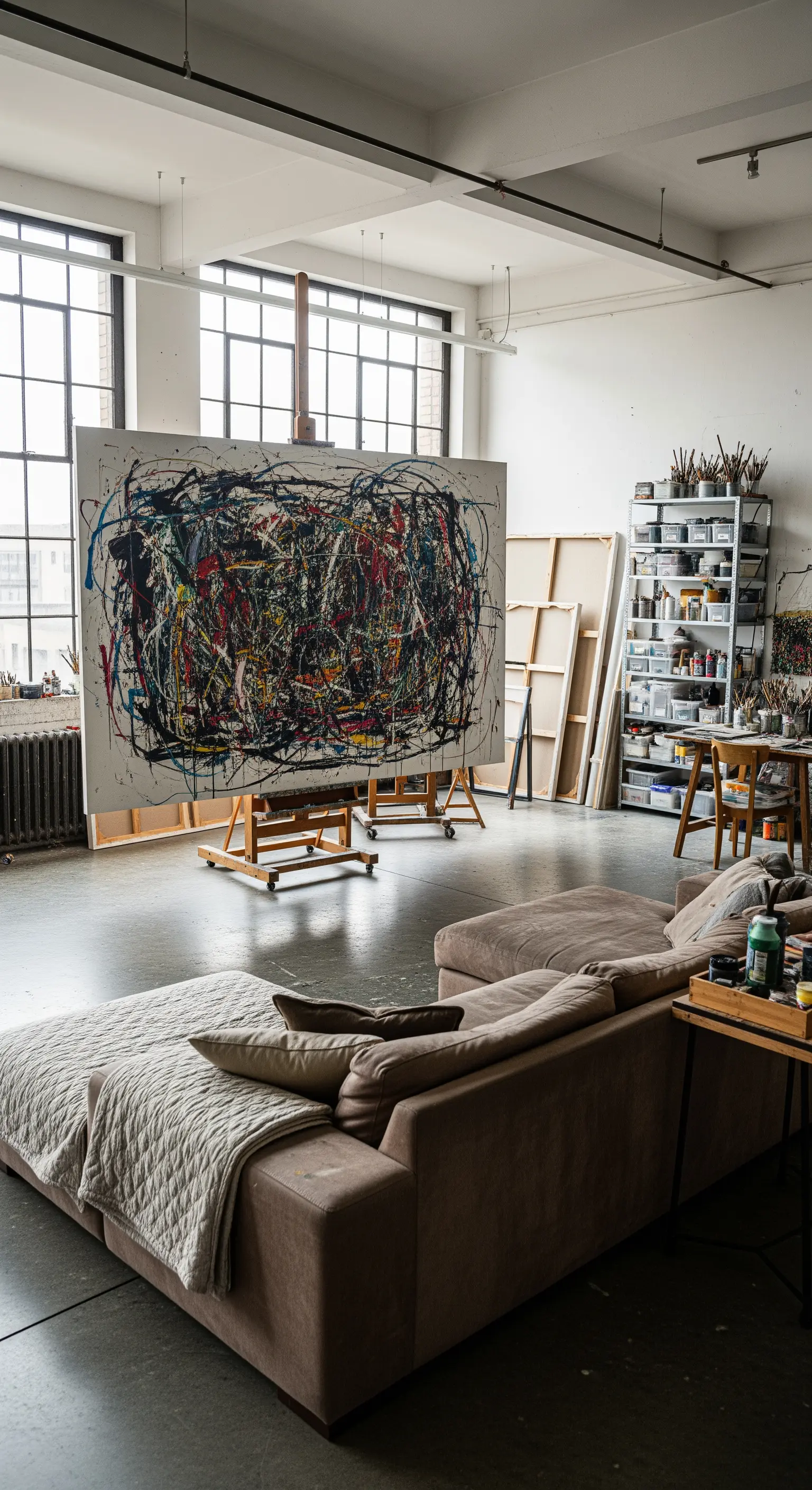 Grande quadro astratto su un cavalletto in un loft industriale che funge anche da studio.