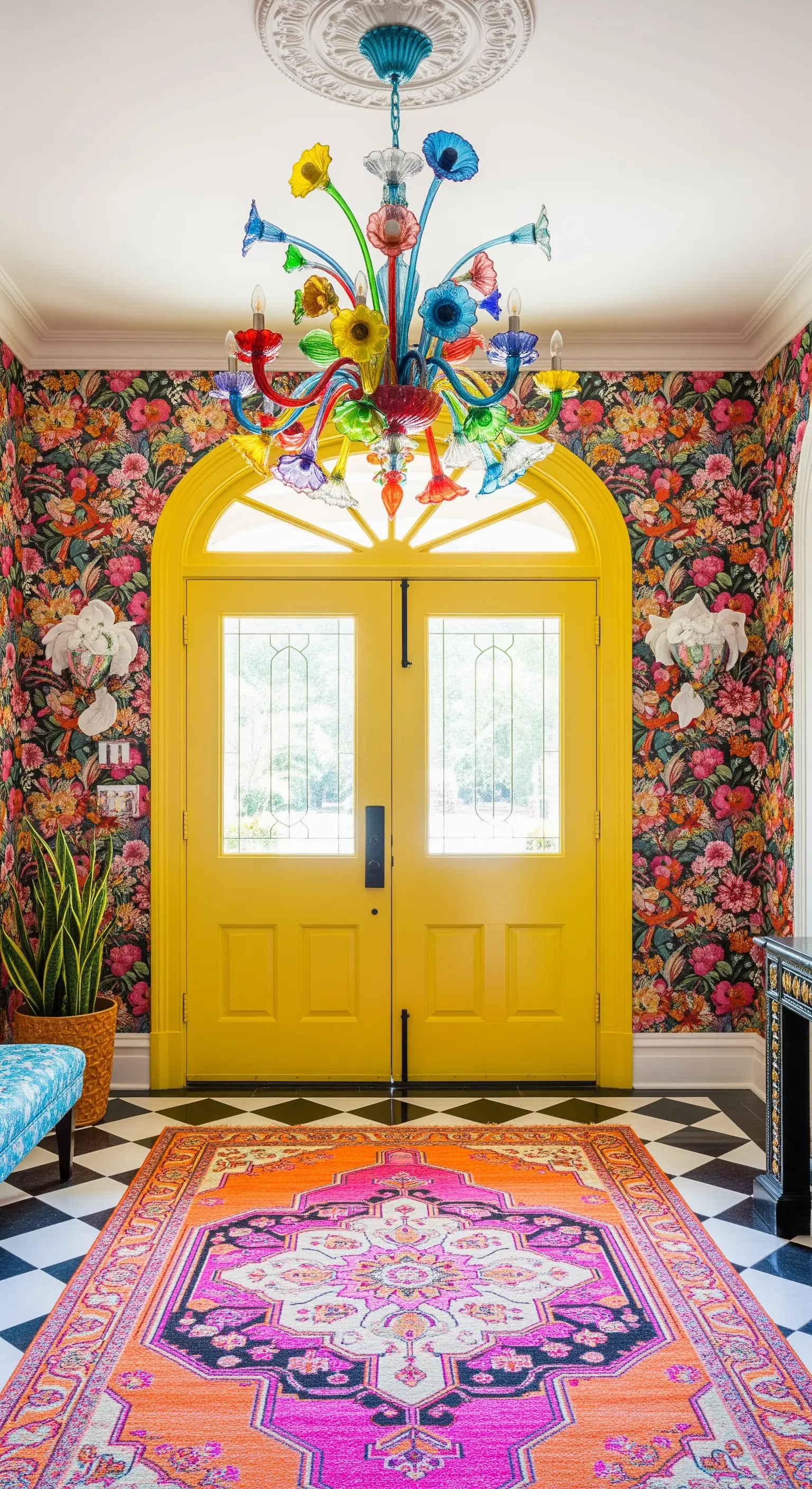 Ingresso massimalista con carta da parati floreale, porta gialla e lampadario di Murano.