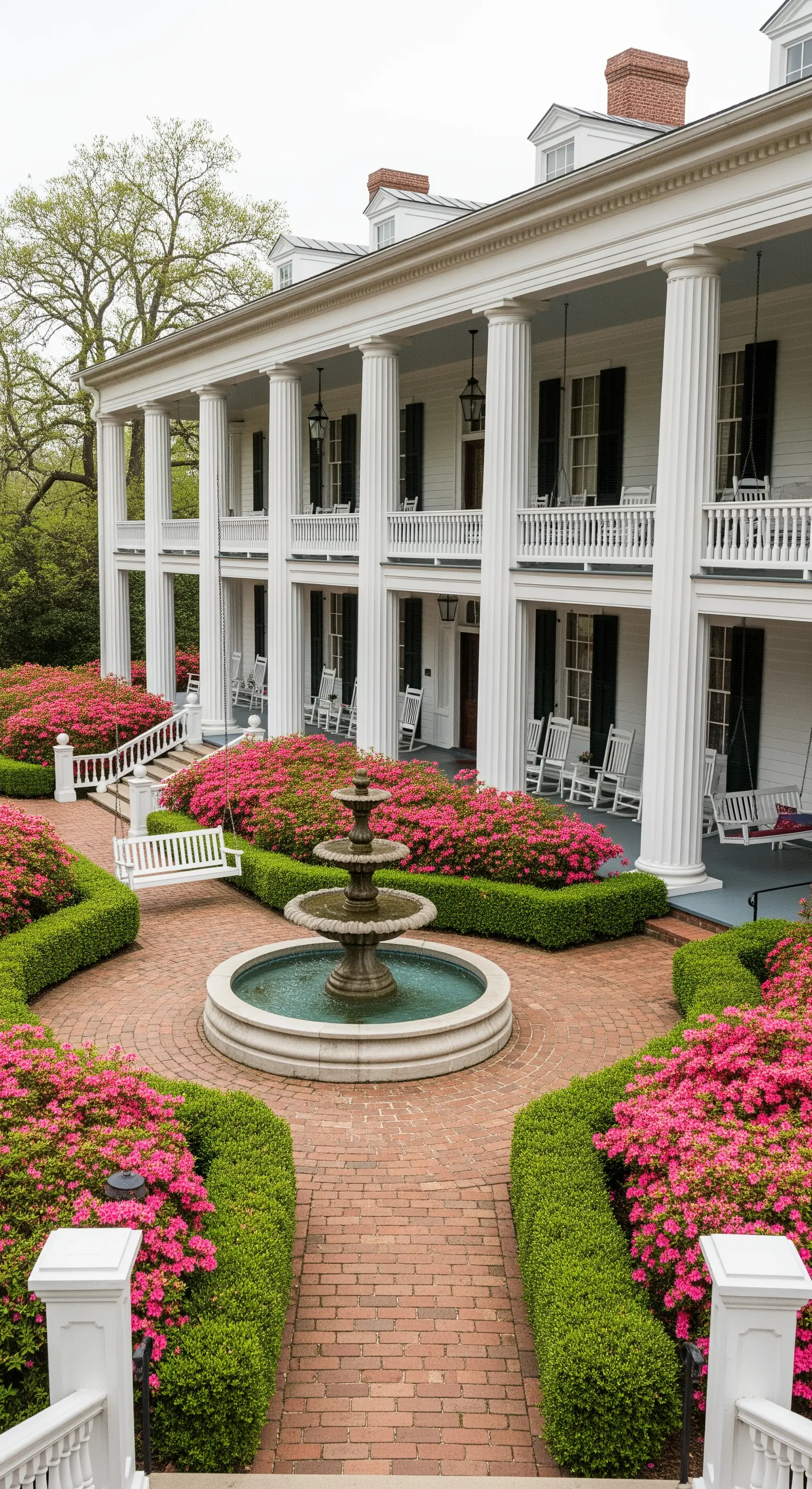 Patio di una villa classica con fontana centrale e aiuole rigogliose di azalee fucsia.