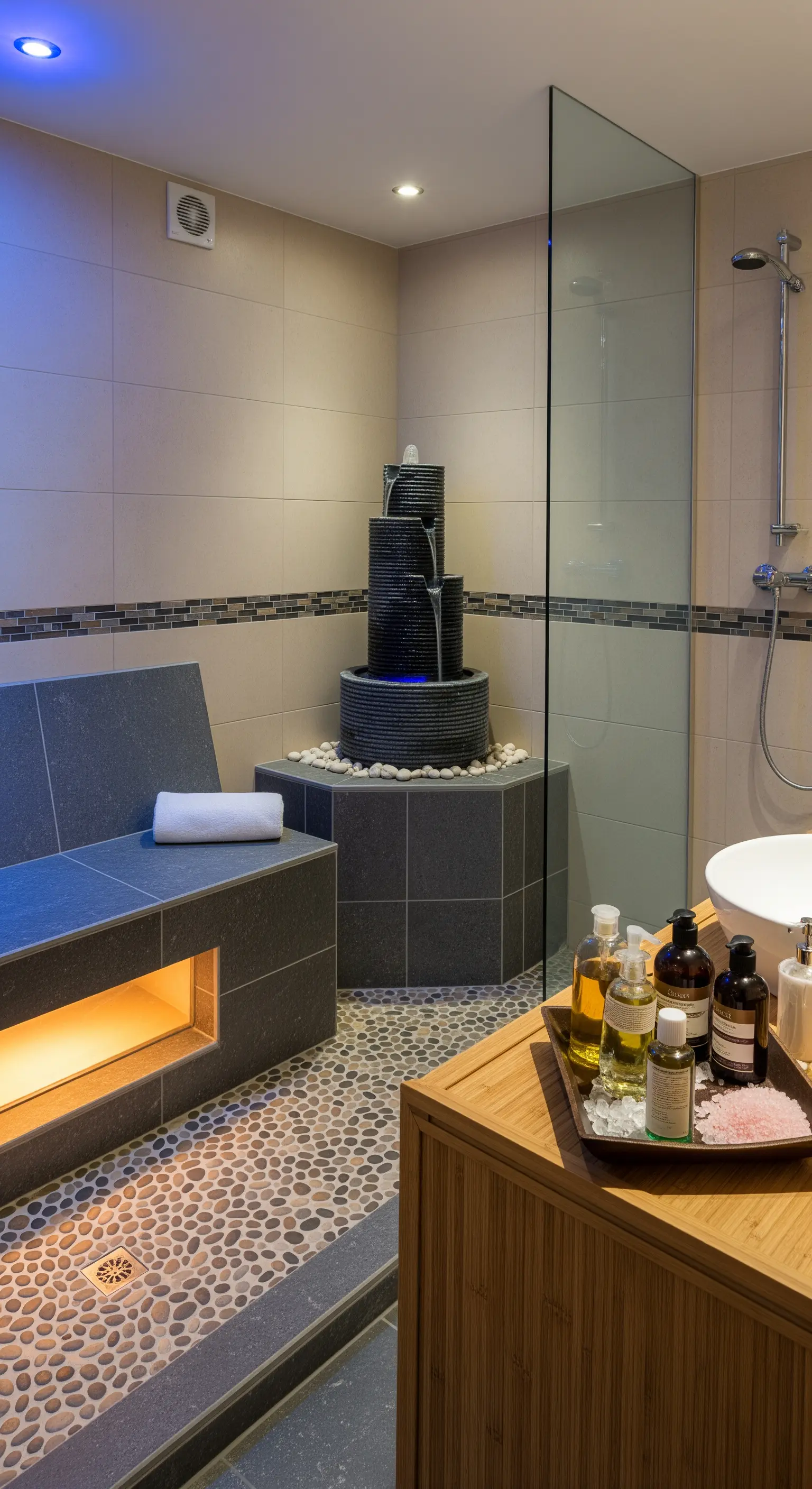Angolo spa con panca in ardesia riscaldata, pavimento in ciottoli e fontana a cascata.