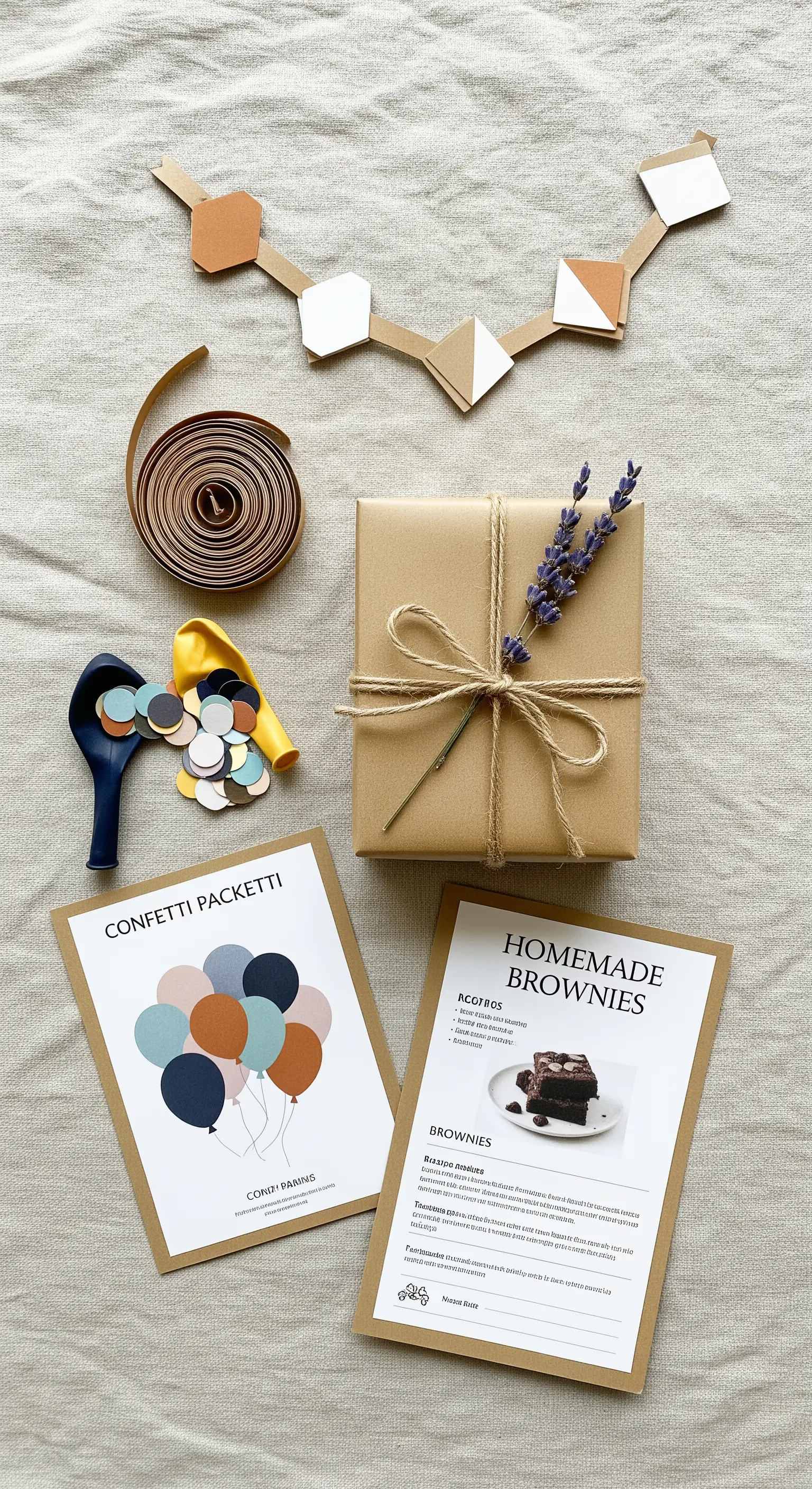 Kit per festa con carta kraft: regalo, ricetta, coriandoli e ghirlanda in palette neutra.