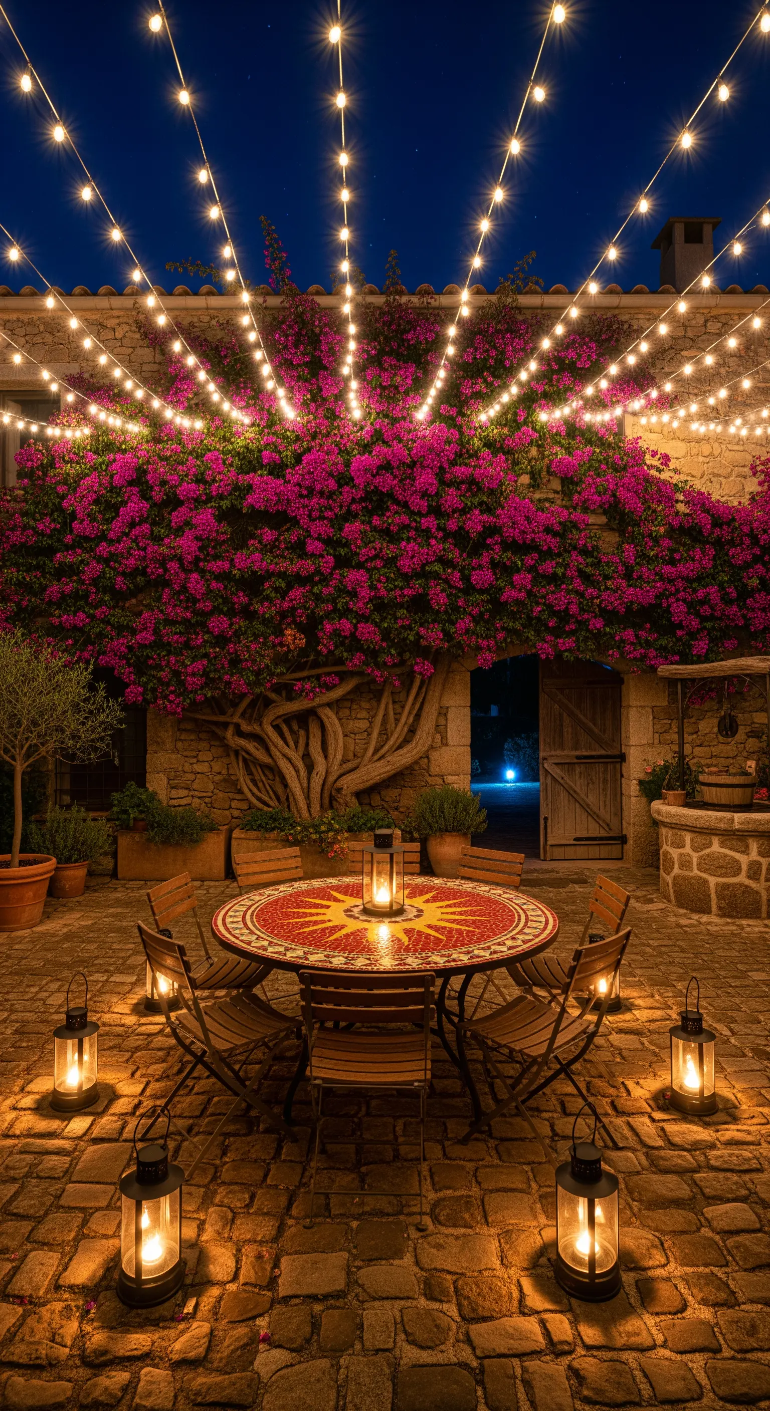 Cortile con tavolo rotondo, lanterne a terra e fili di luci sopra una bouganville.