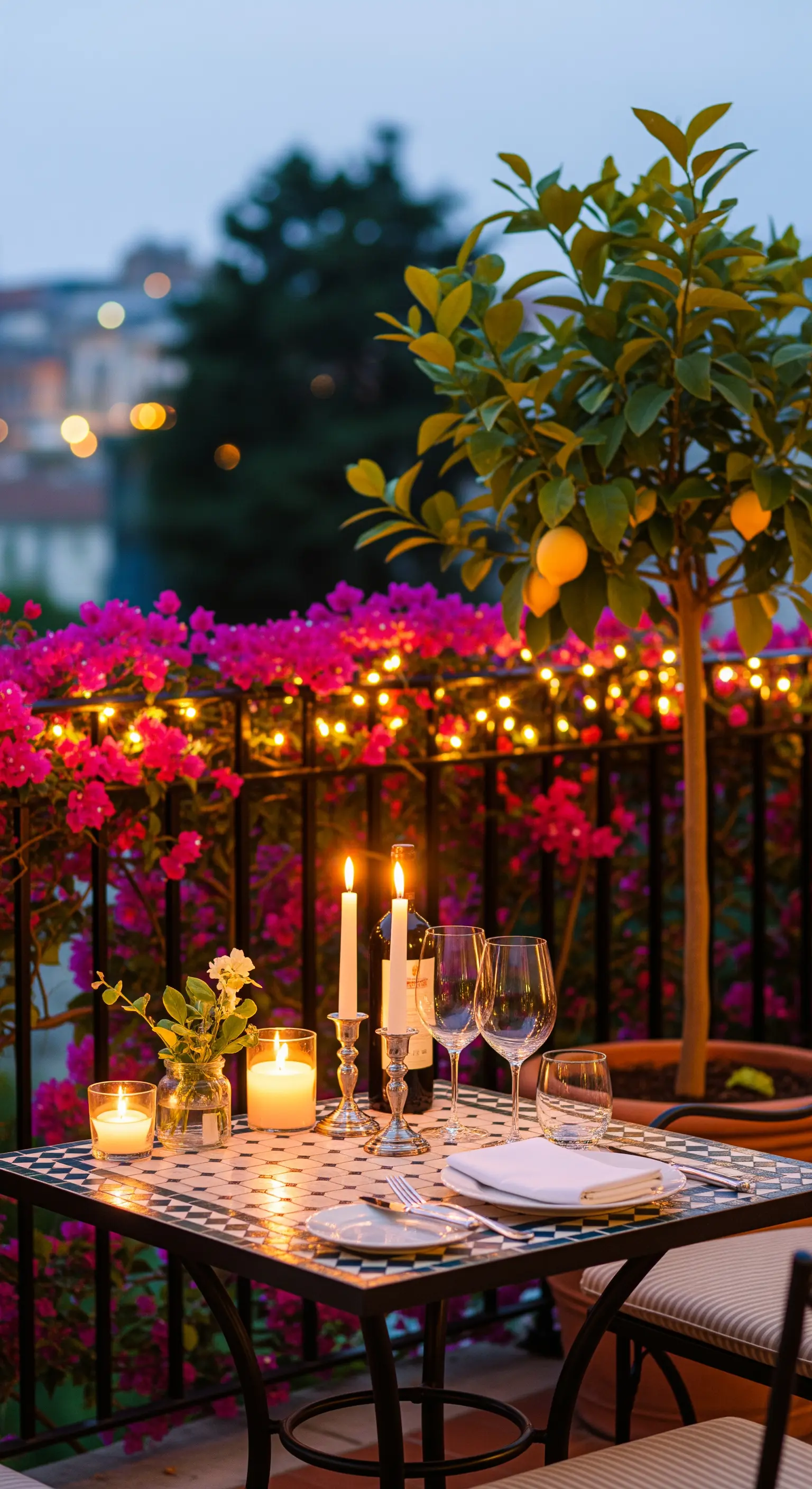 Cena romantica su un balcone con tavolo in mosaico, candele accese e lucine decorative.