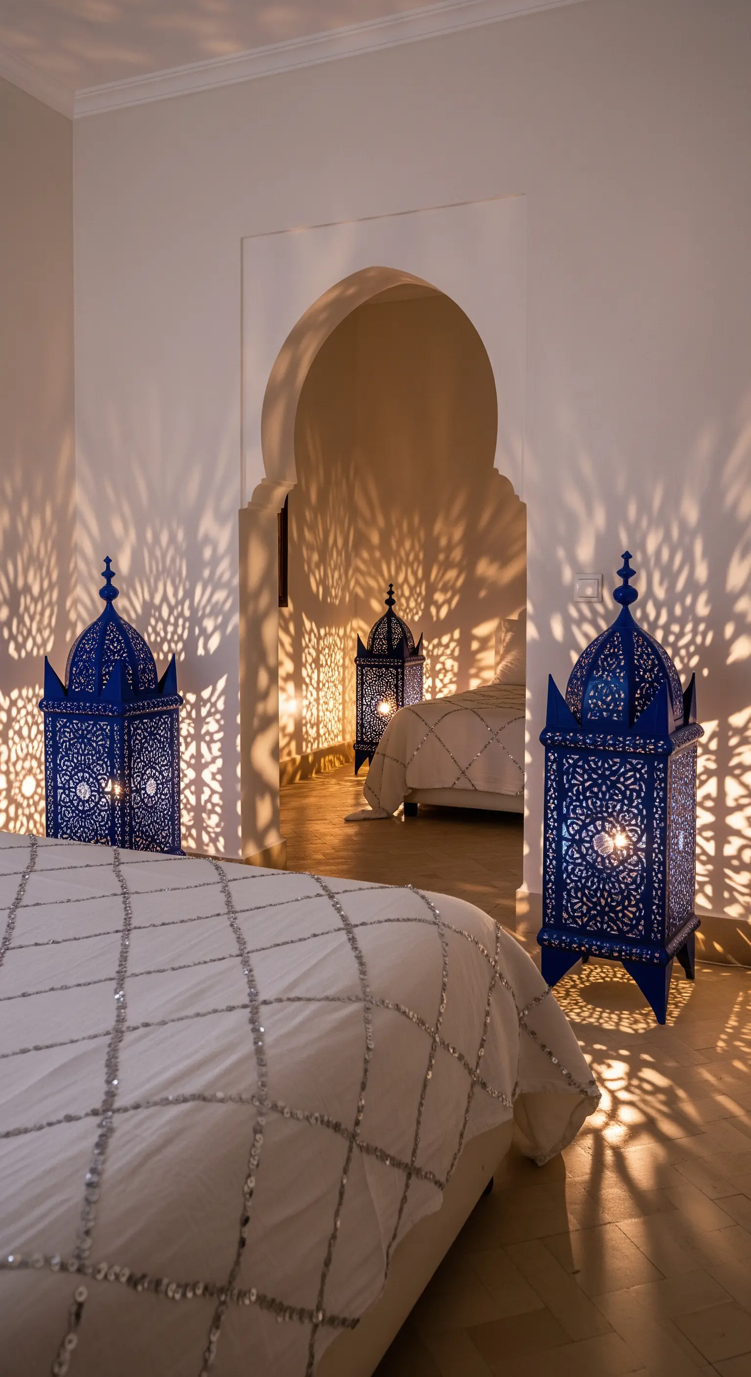 Lanterne marocchine blu traforate che proiettano ombre elaborate su pareti bianche.