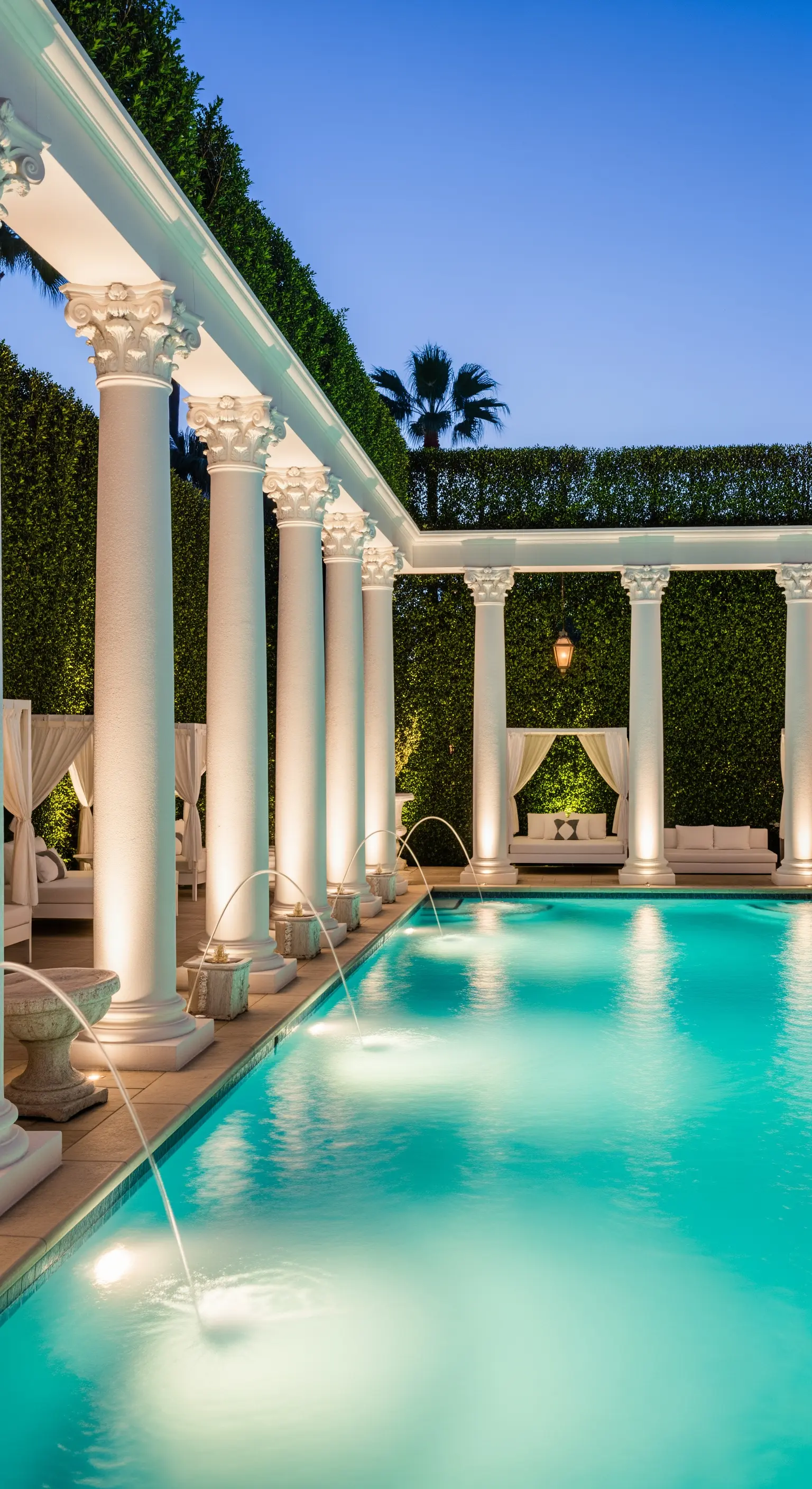 Bordo piscina di lusso con colonnato illuminato dal basso e getti d'acqua luminosi.