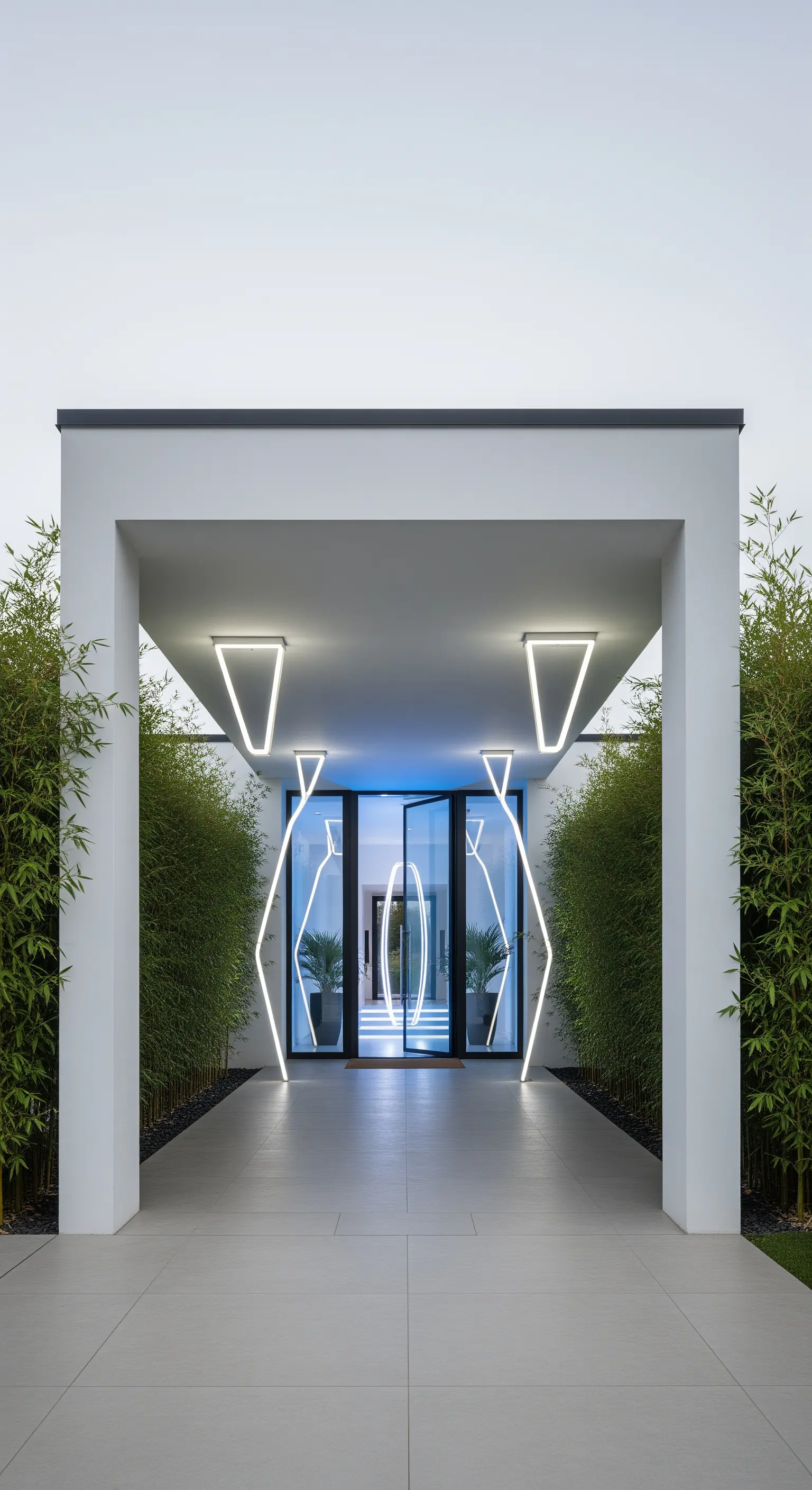 Portico moderno con colonne bianche e installazioni luminose a LED dal design geometrico.