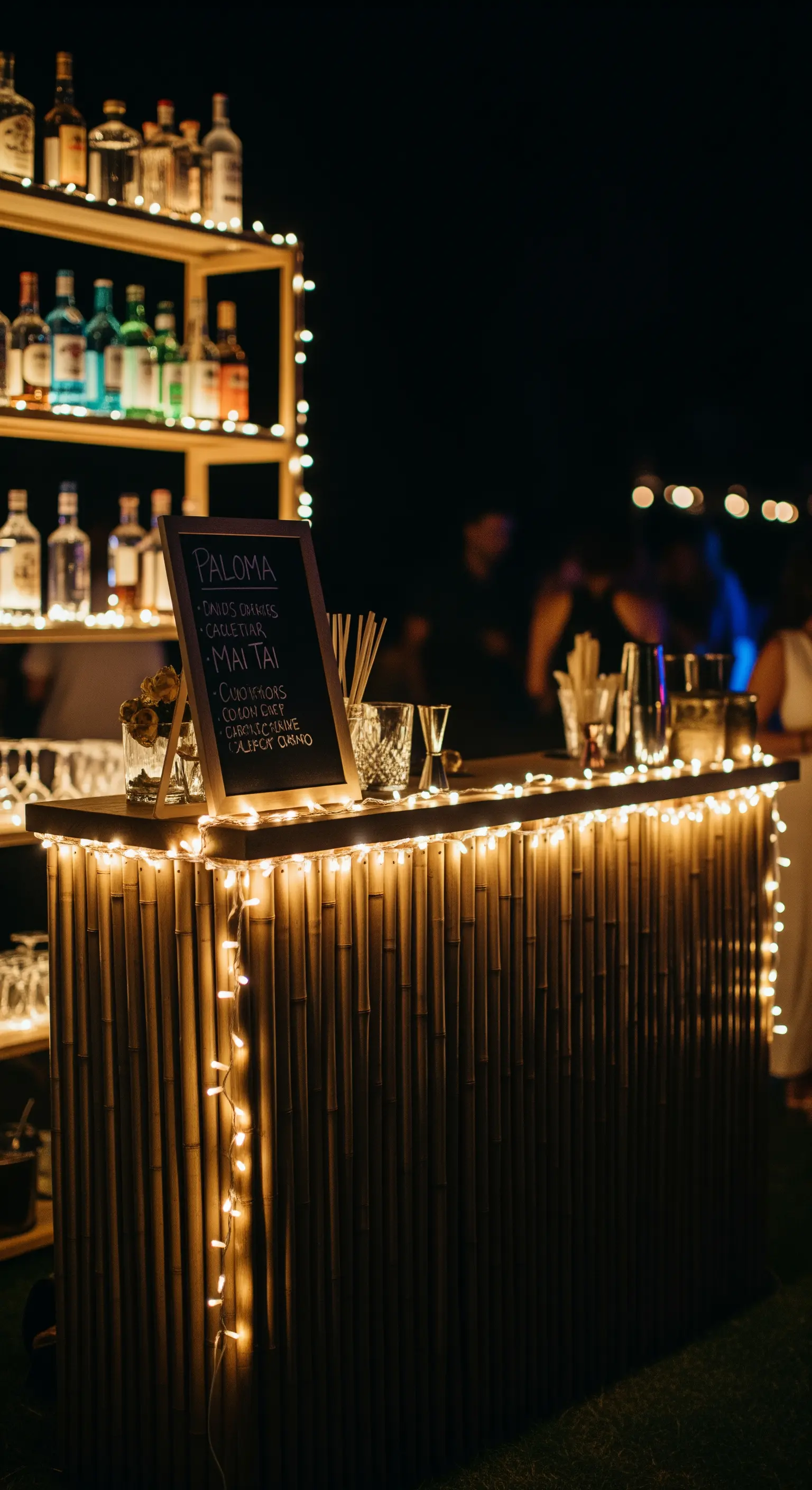 Bar in bambù fai-da-te illuminato di notte da una ghirlanda di luci calde.
