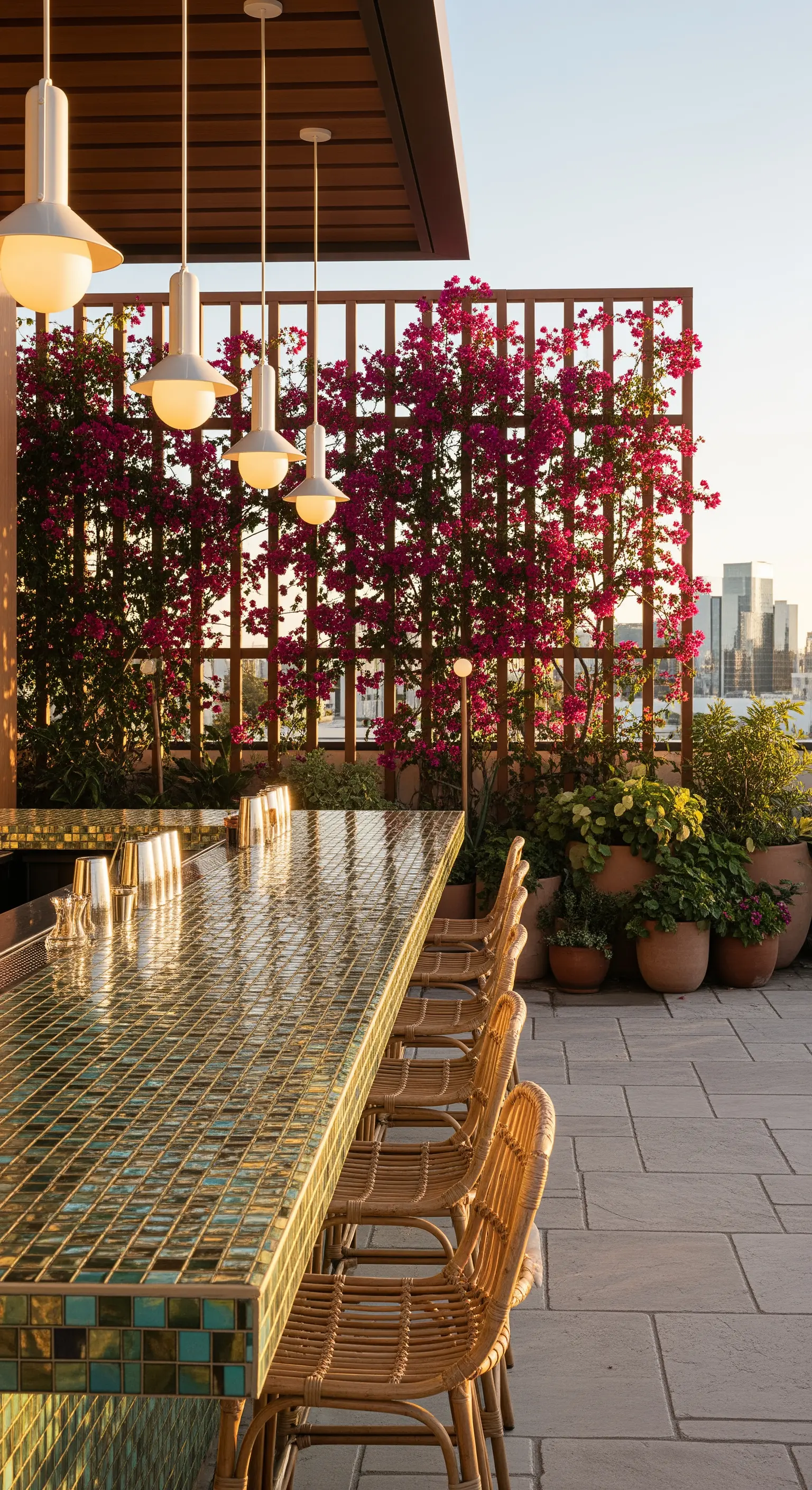 Bancone bar da esterno con top a mosaico e lampade a sospensione.