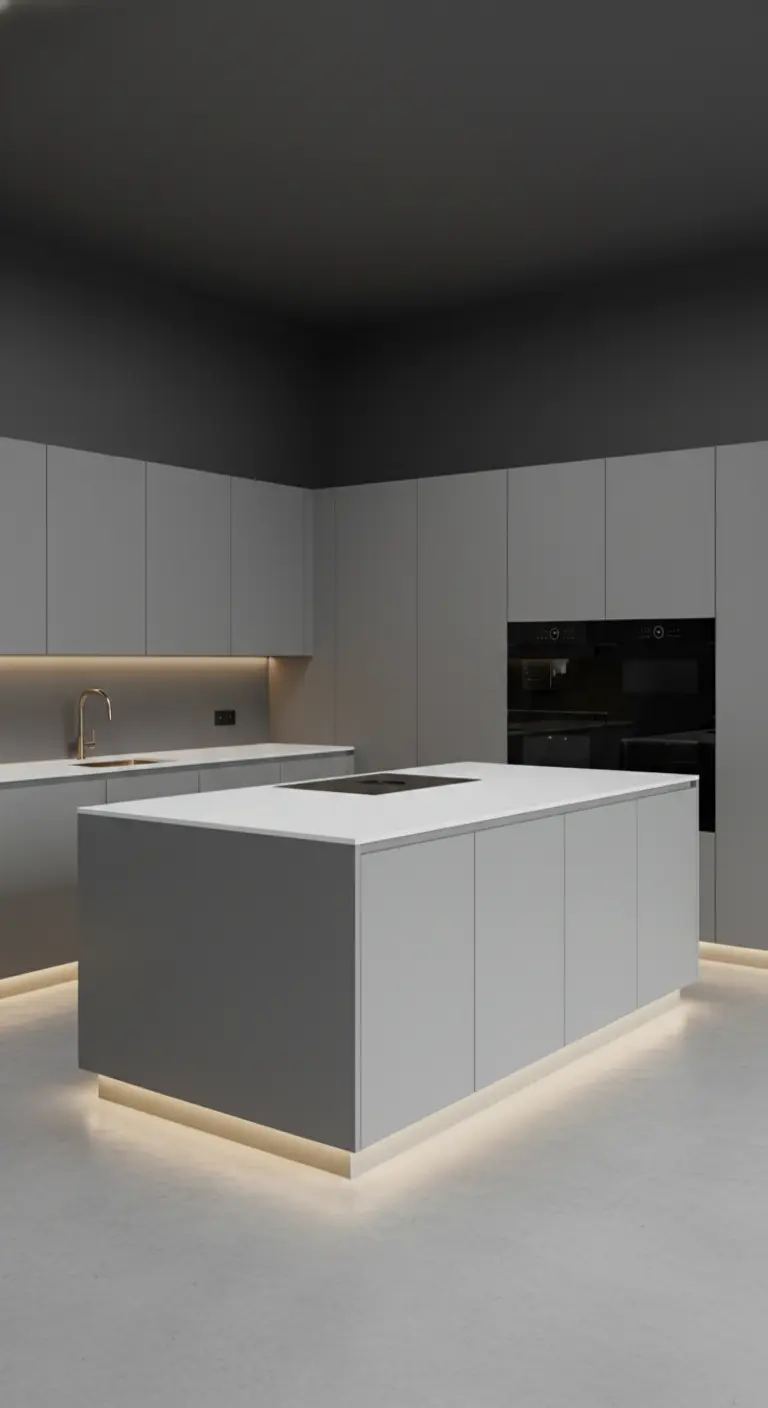 Cucina minimalista grigia con illuminazione a LED integrata sotto i pensili e l'isola.