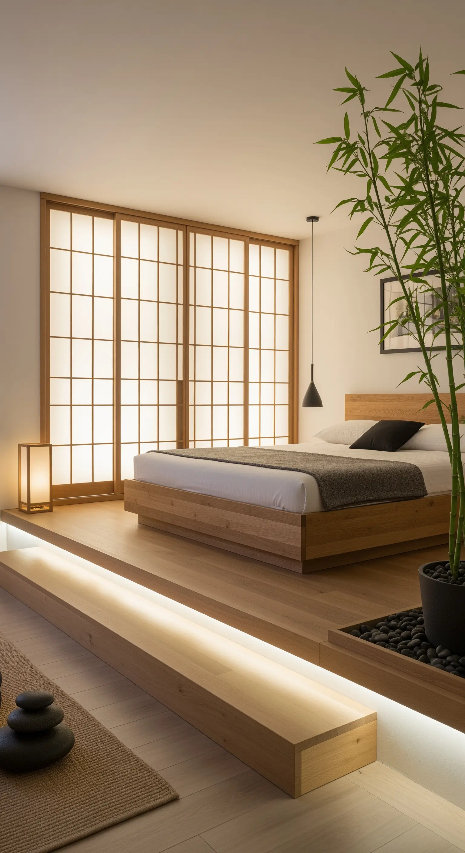 Camera da letto in stile giapponese con pedana in legno e luci LED integrate.