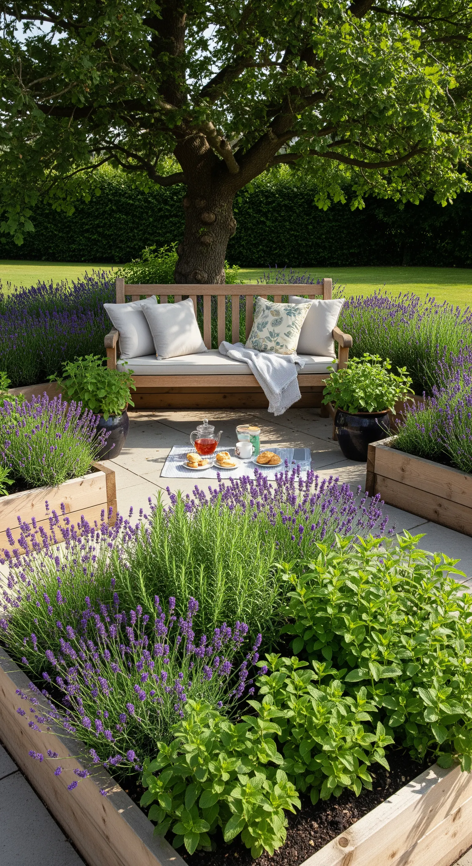 Panchina in legno con cuscini bianchi, circondata da aiuole rialzate di lavanda.