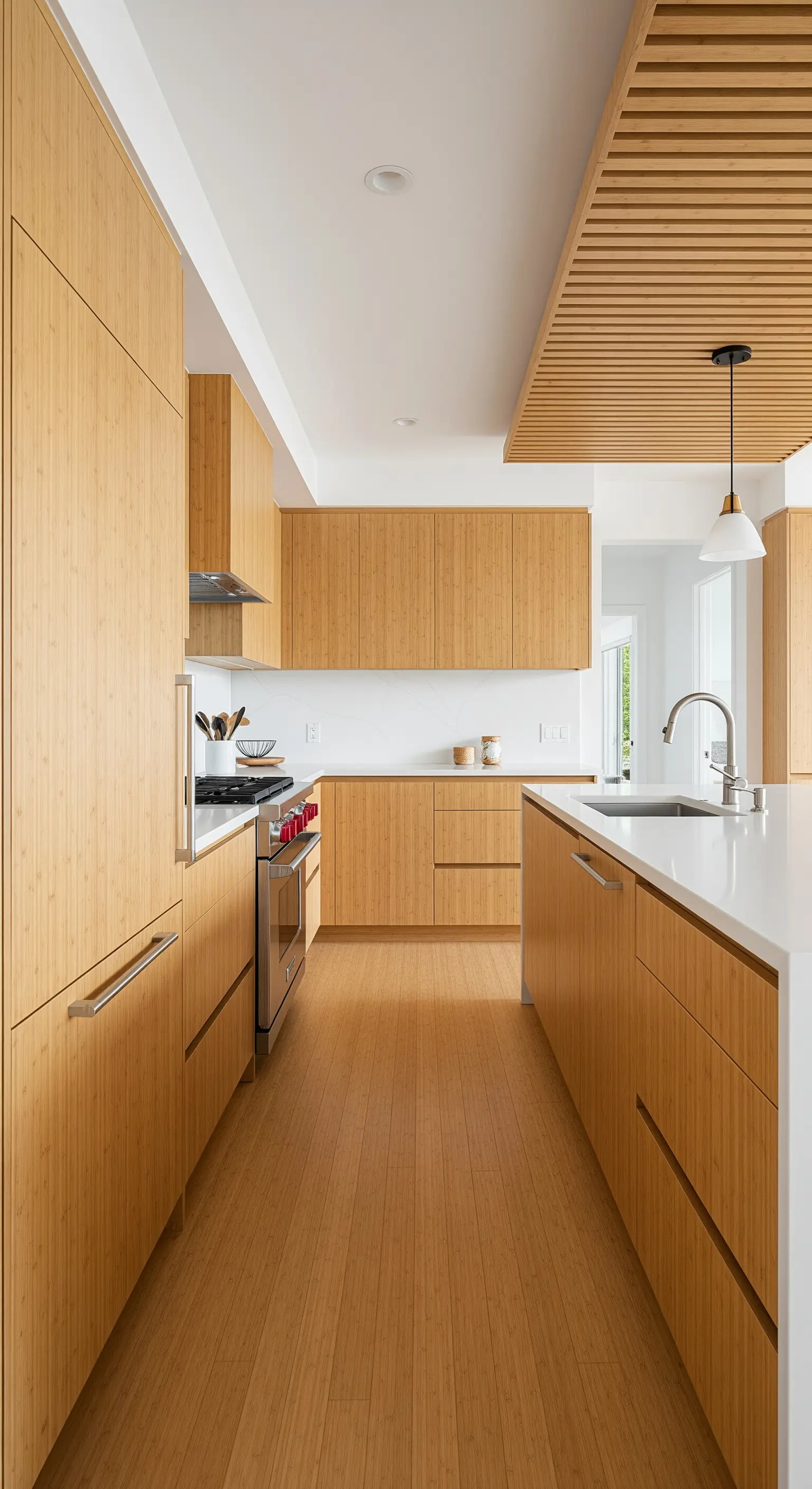 Cucina interamente rivestita in bambù, dal pavimento ai mobili, con top bianco.