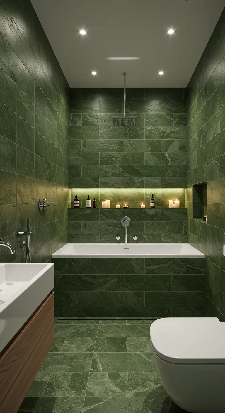Bagno interamente rivestito in piastrelle di marmo verde scuro con nicchia illuminata.