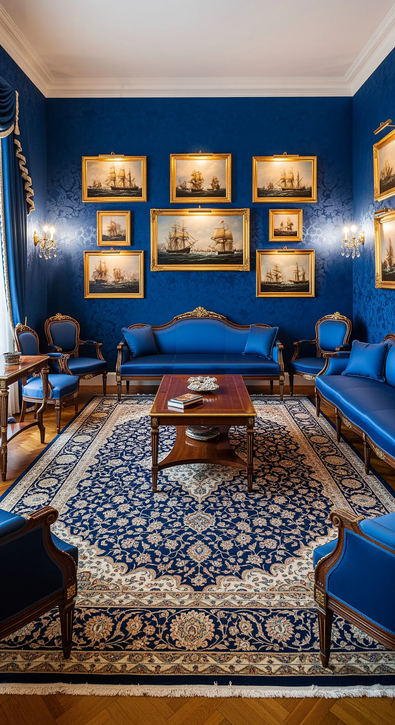 Salotto blu intenso con mobili in velluto blu e una collezione di quadri a tema marino.