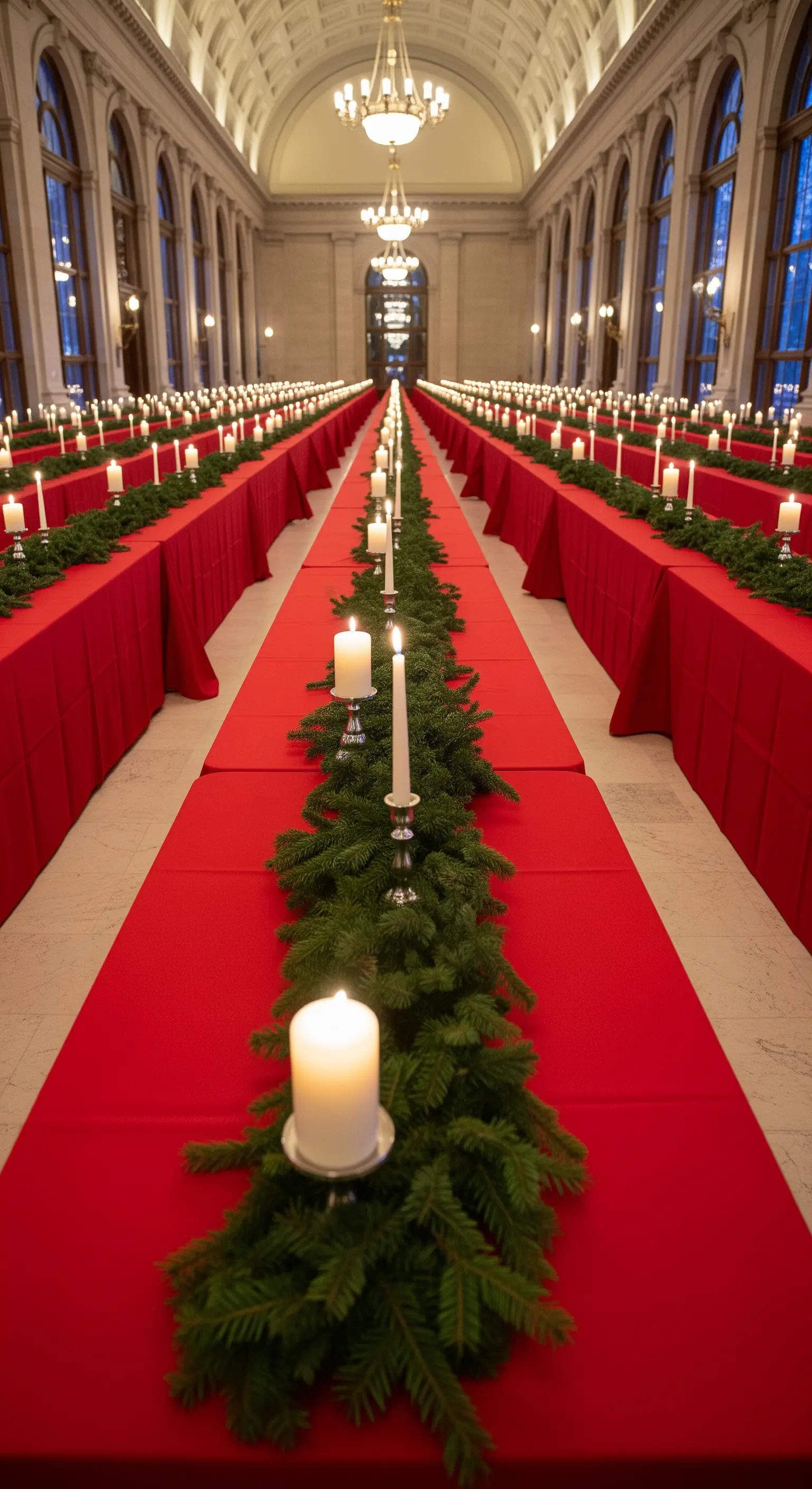 Lunghissime tavolate imperiali con tovaglie rosse e runner di pino e candele.