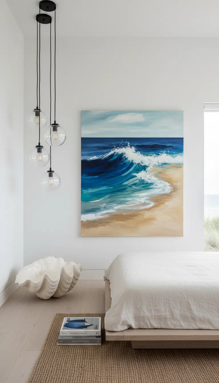 Stanza minimalista con letto basso, un quadro con un'onda e una conchiglia gigante a terra.
