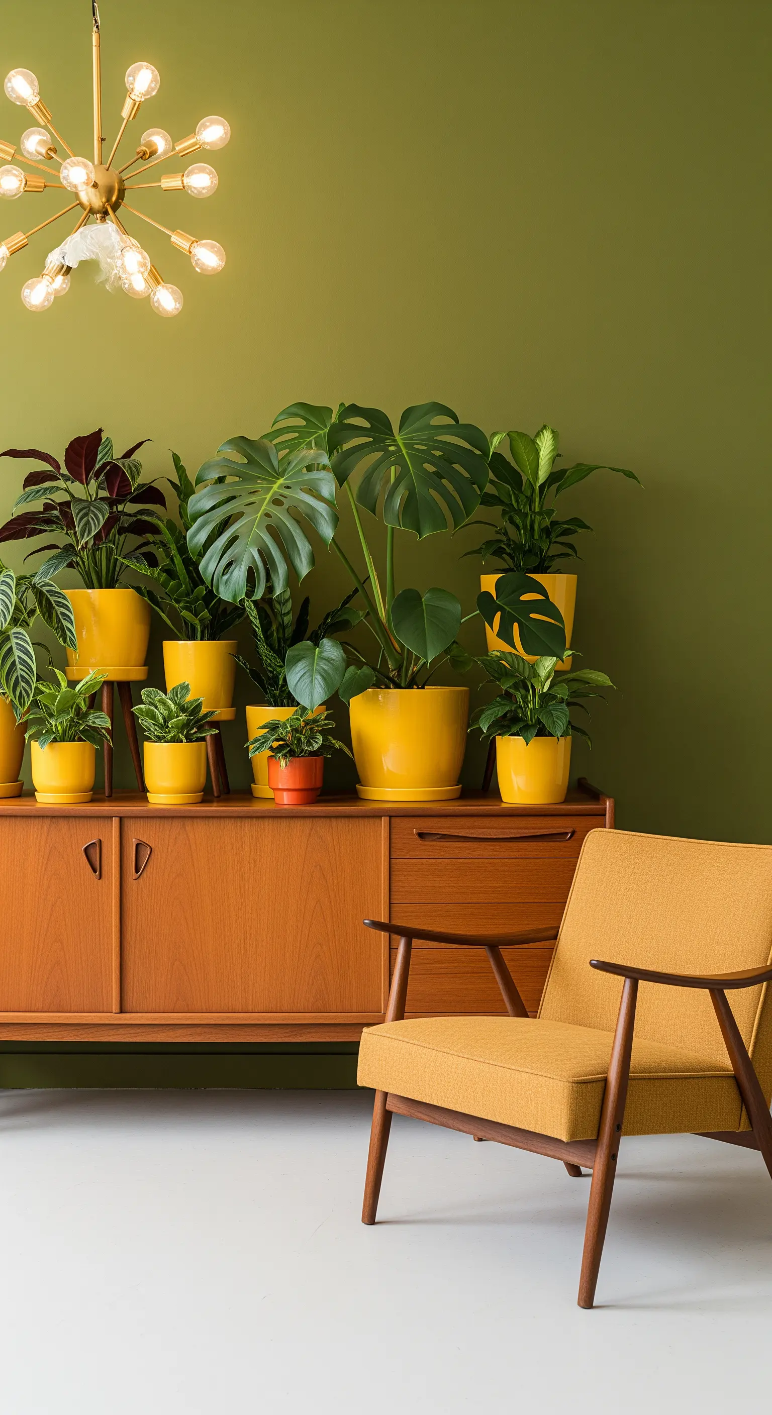 Parete verde oliva con credenza in legno e una collezione di piante in vasi senape.