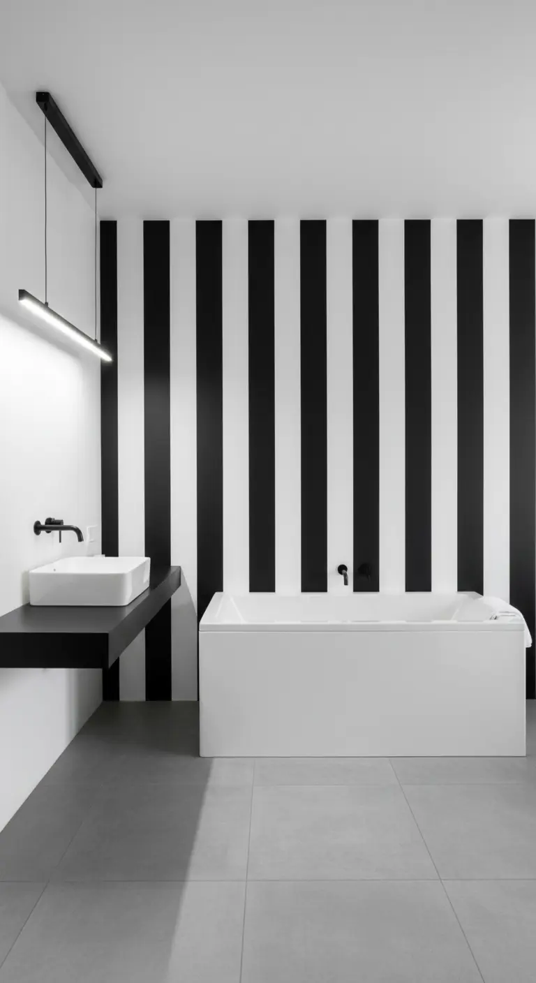 Parete a righe verticali bianche e nere dietro una vasca da bagno minimalista.