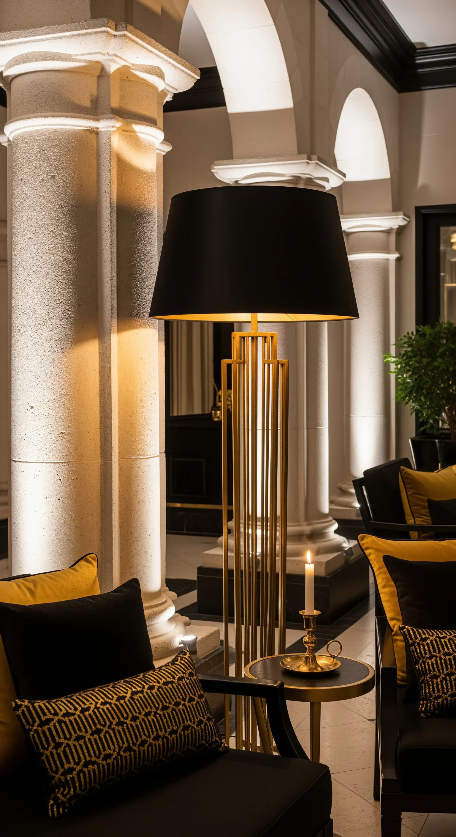 Spazio lussuoso con colonne, poltrone nere e una grande lampada da terra nera e oro.