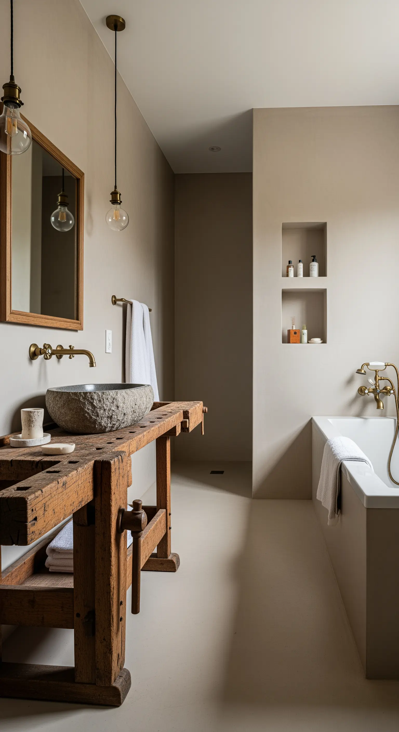 Bagno wabi-sabi con banco da lavoro come mobile lavabo e lavandino in pietra.