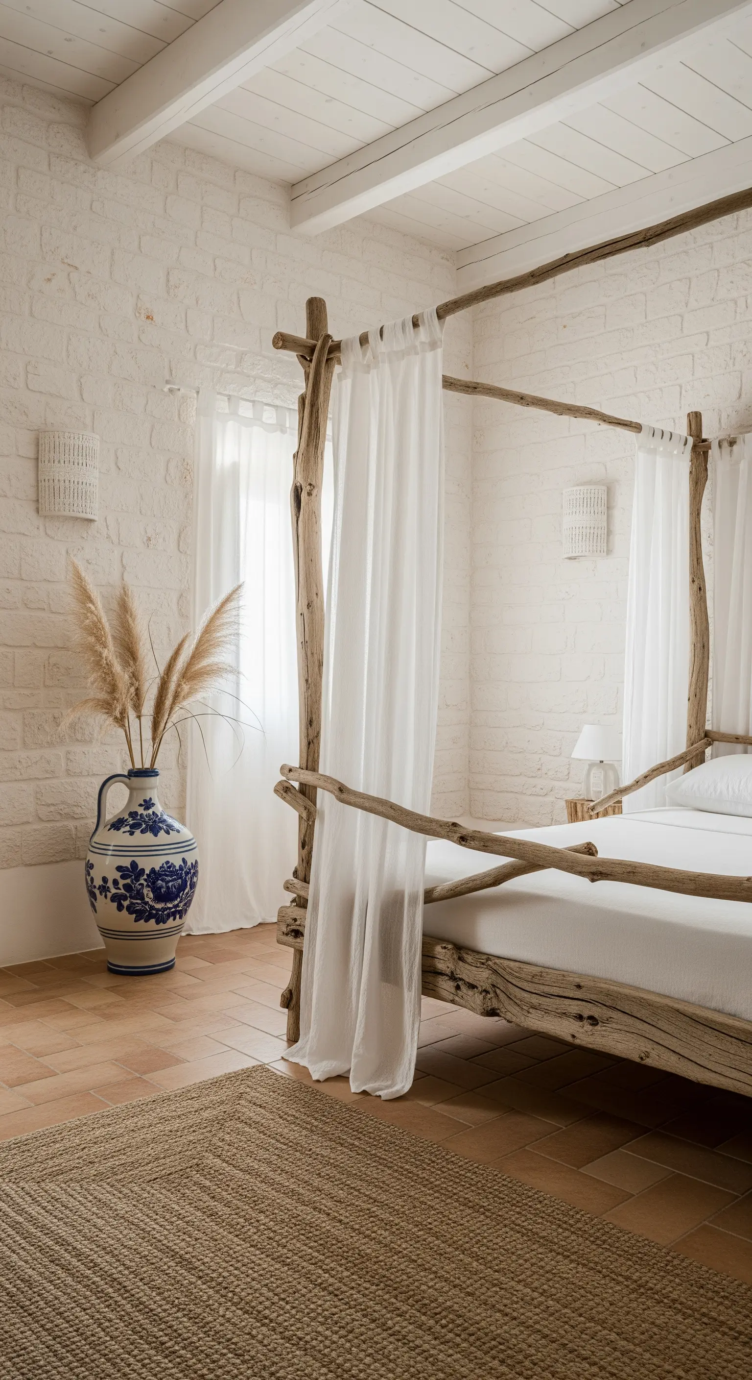 Letto a baldacchino in legno grezzo in una stanza con pareti di mattoni bianchi e un vaso blu.
