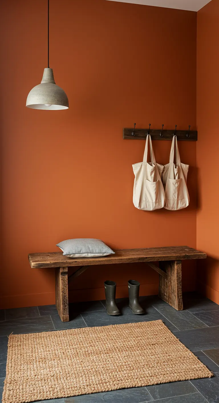 Ingresso con pareti arancioni, panca in legno grezzo e tappeto in iuta.
