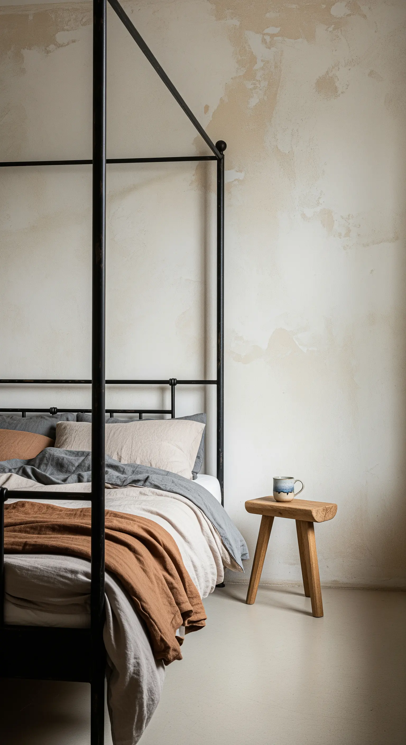 Dettaglio di un letto a baldacchino nero con pareti testurizzate e uno sgabello in legno grezzo.