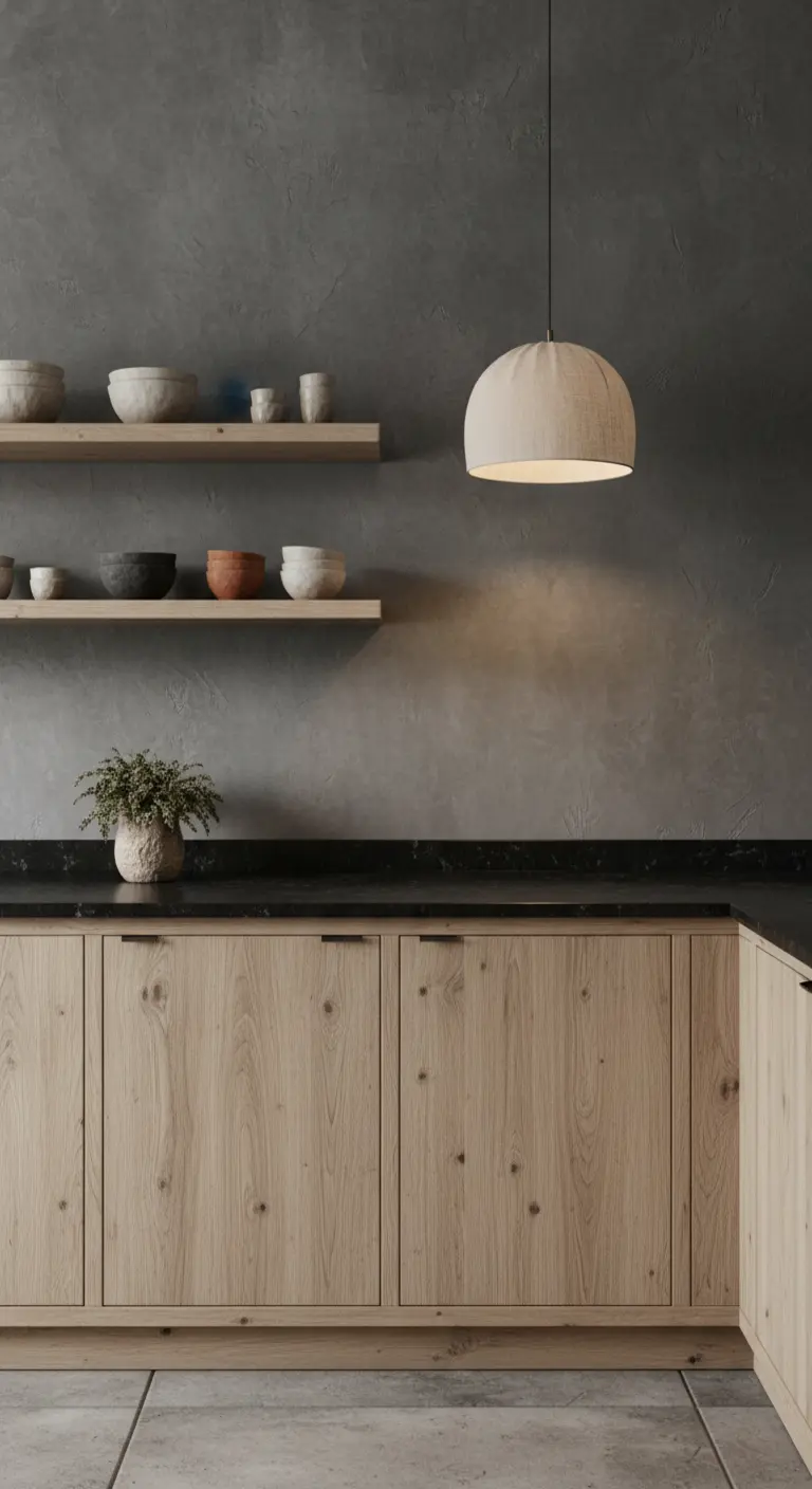 Cucina minimalista con parete grigia effetto cemento, mobili in legno grezzo e mensole a vista.