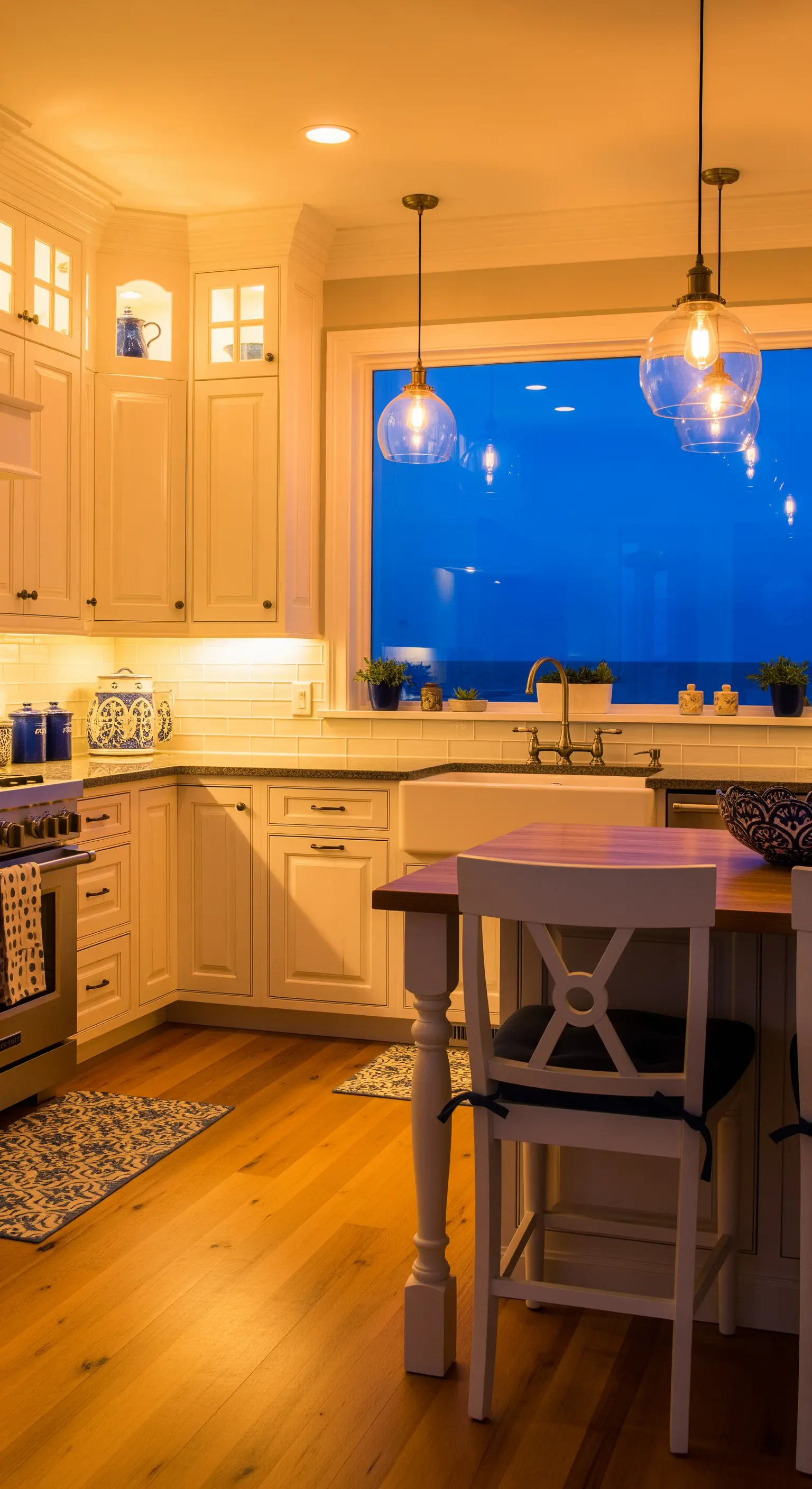 Cucina di sera con illuminazione calda e d'atmosfera che si riflette nella finestra.