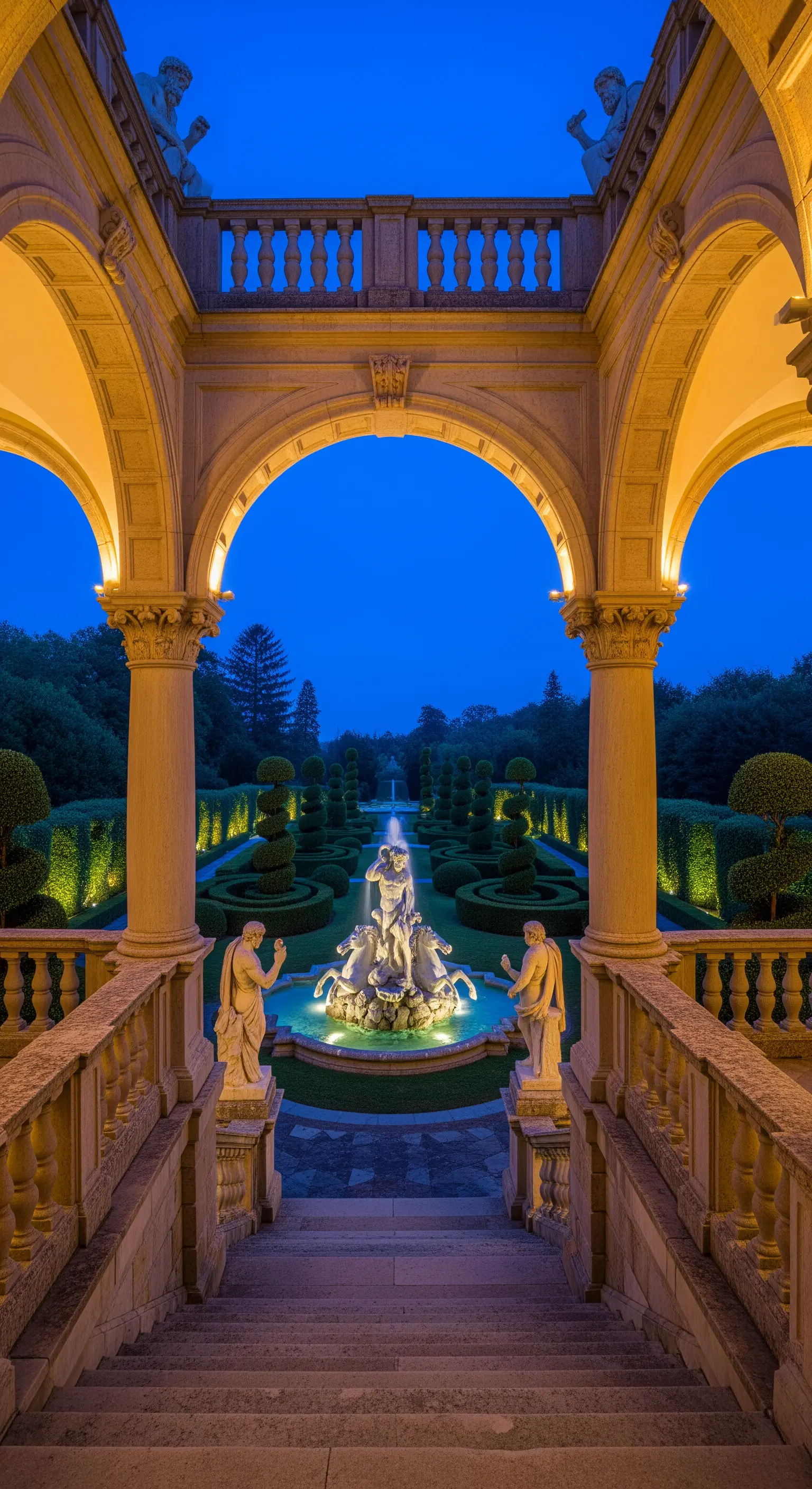 Scalinata di un portico con vista notturna su un giardino formale illuminato.