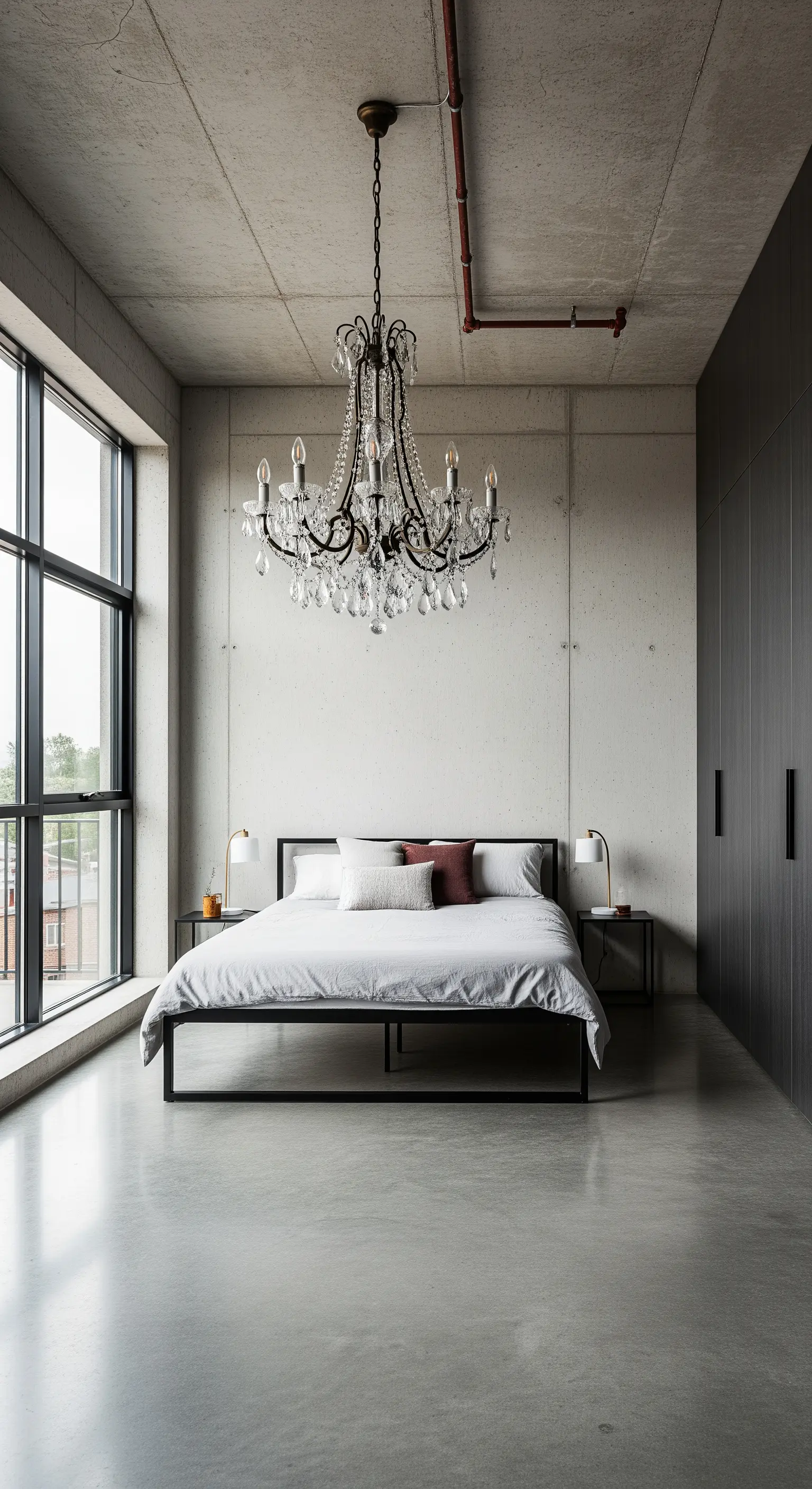 Grande lampadario di cristallo antico che pende in una camera da letto industriale in cemento.