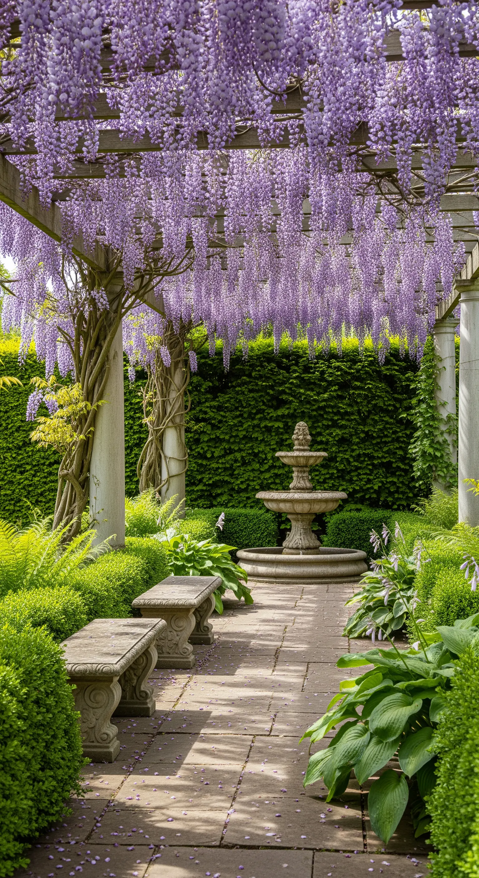 Sentiero in un giardino romantico sotto una pergola di glicine che conduce a una fontana.
