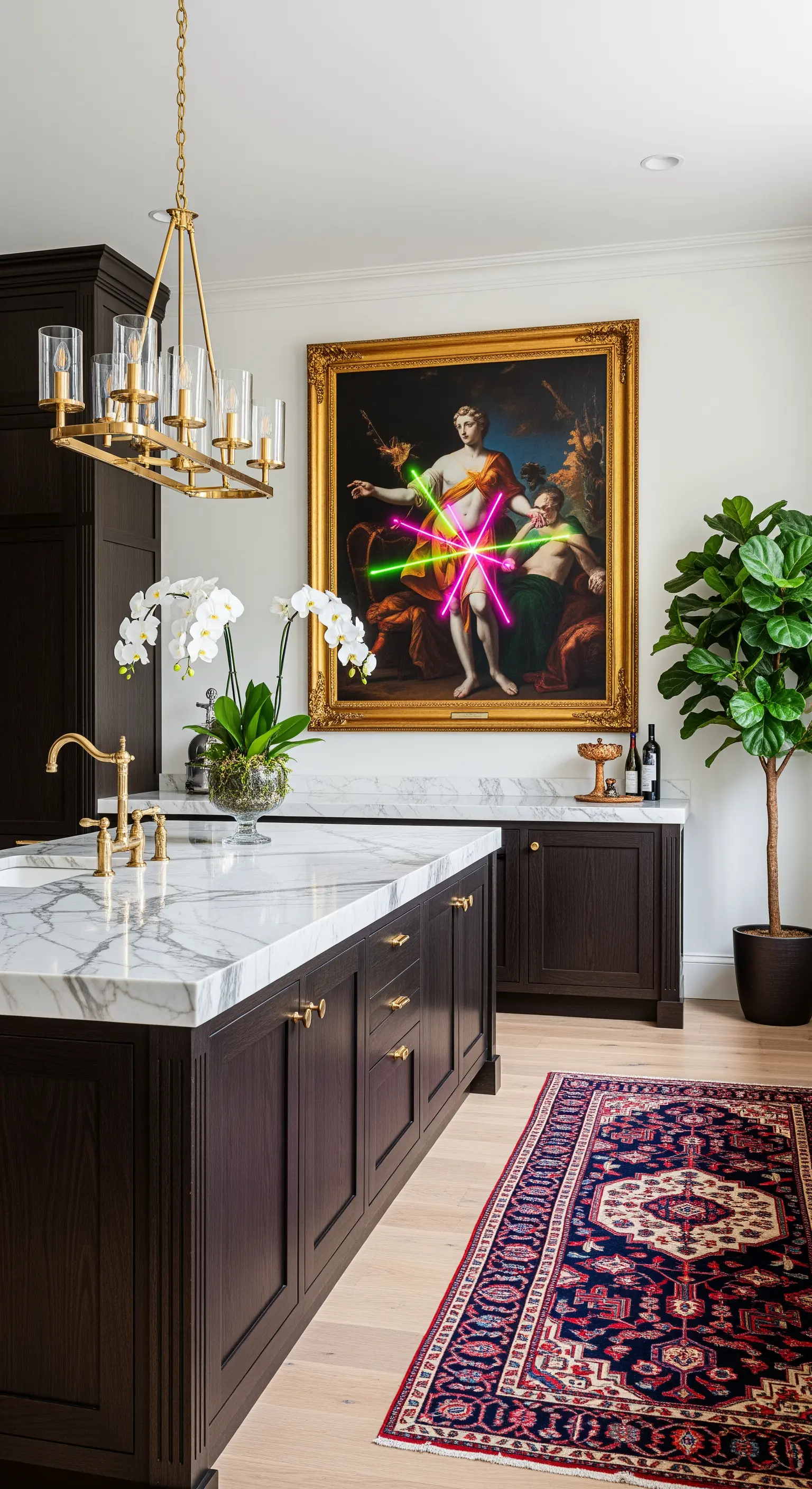 Cucina elegante con mobili scuri, un quadro classico con luci al neon e un lampadario moderno.
