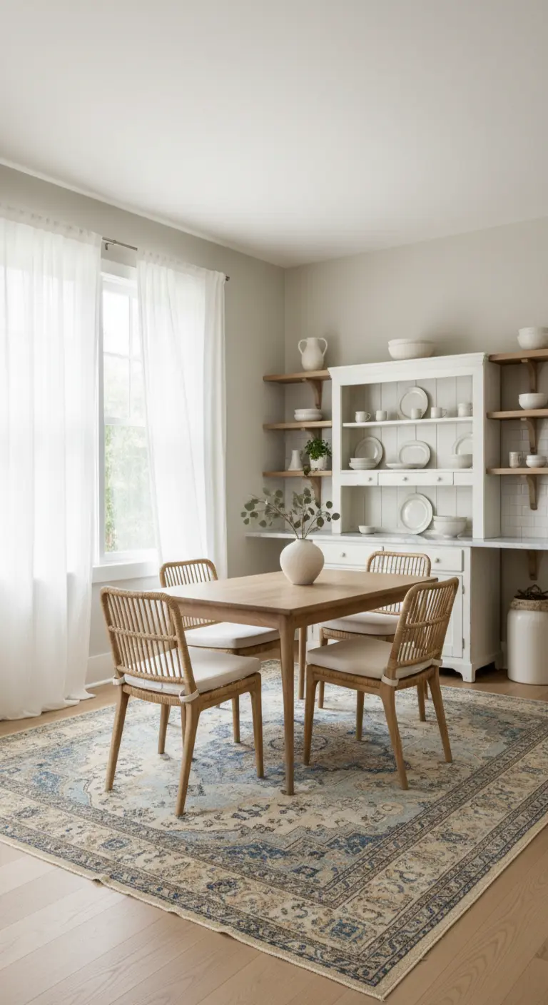 Sala da pranzo scandinava con credenza bianca, sedie in rattan e tappeto persiano.
