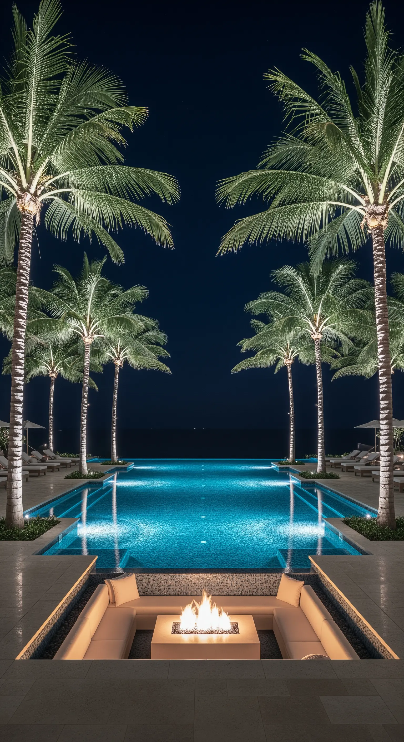 Piscina a sfioro illuminata con un braciere incassato e un divano a U.