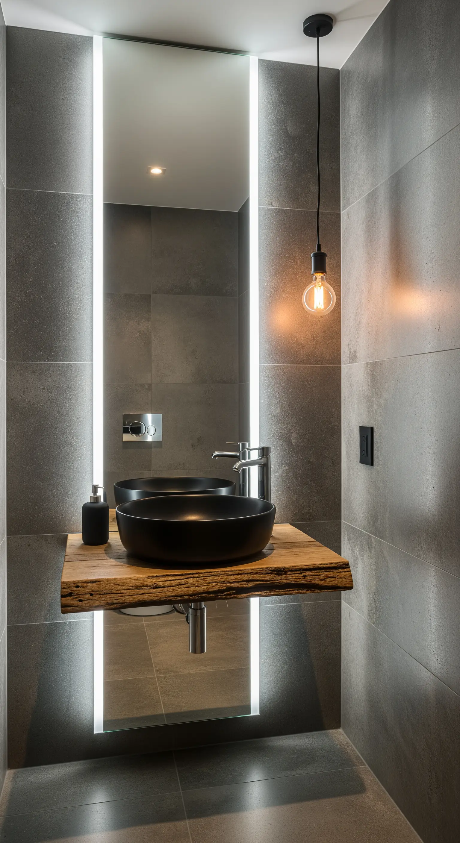 Lavabo a ciotola nero su un piano in legno massiccio, con specchio incorniciato da LED verticali.