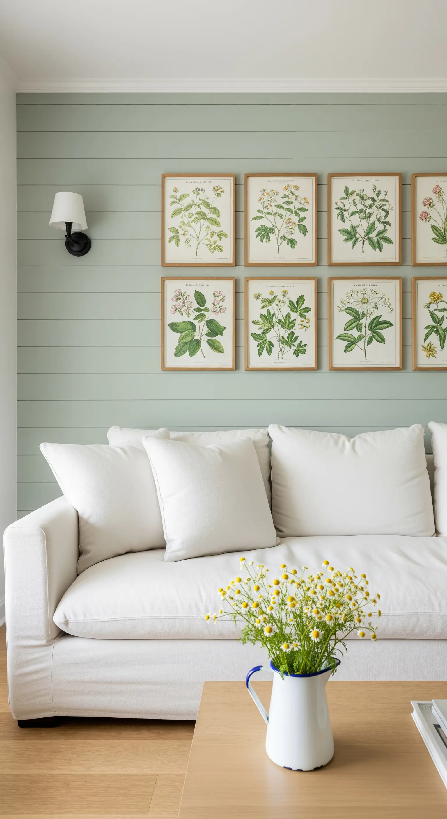 Divano bianco davanti a una parete a listelli di legno verde salvia con una griglia di stampe botaniche.