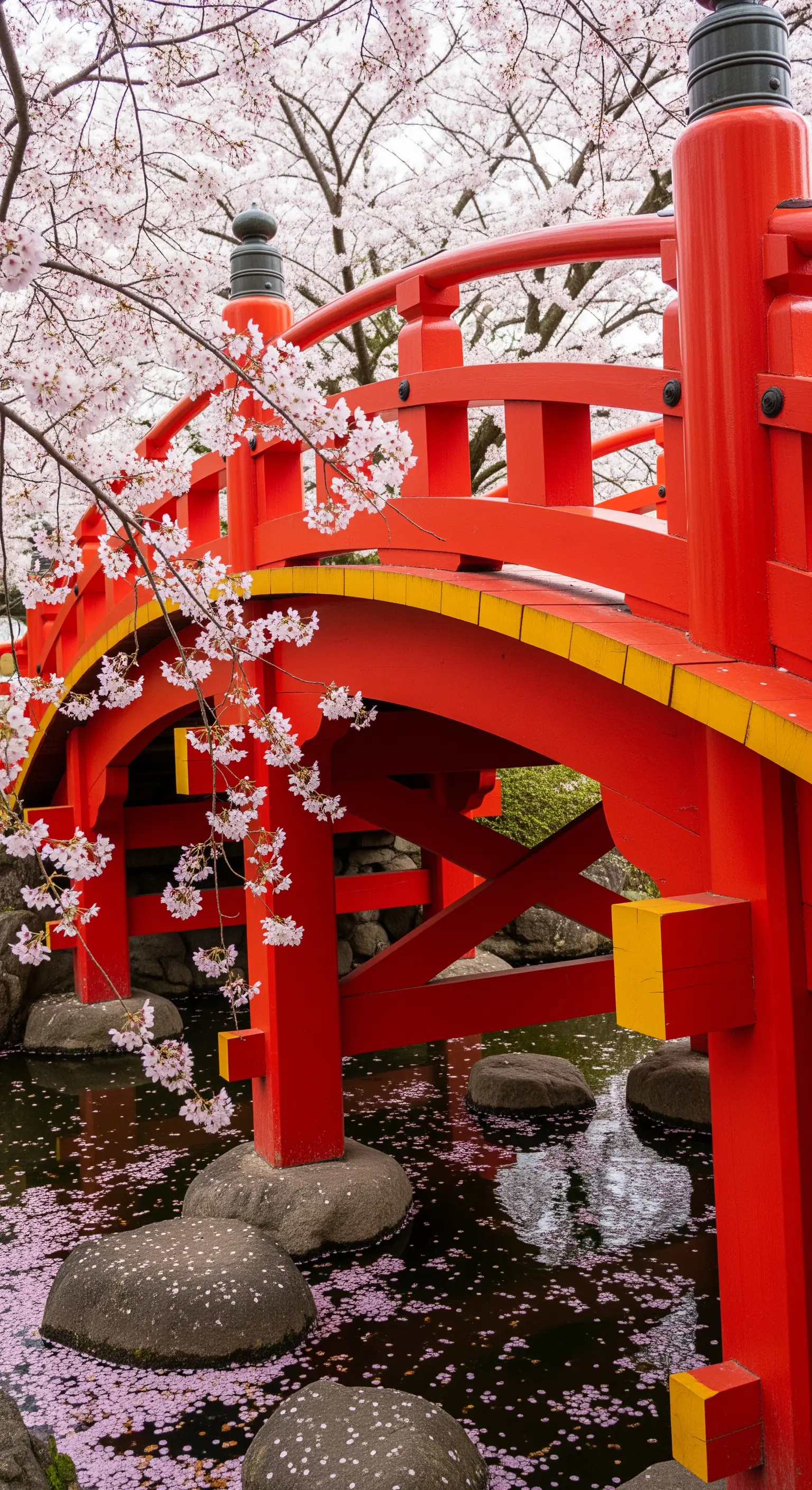 Dettaglio di un ponte in legno rosso brillante con rami di ciliegio in fiore.