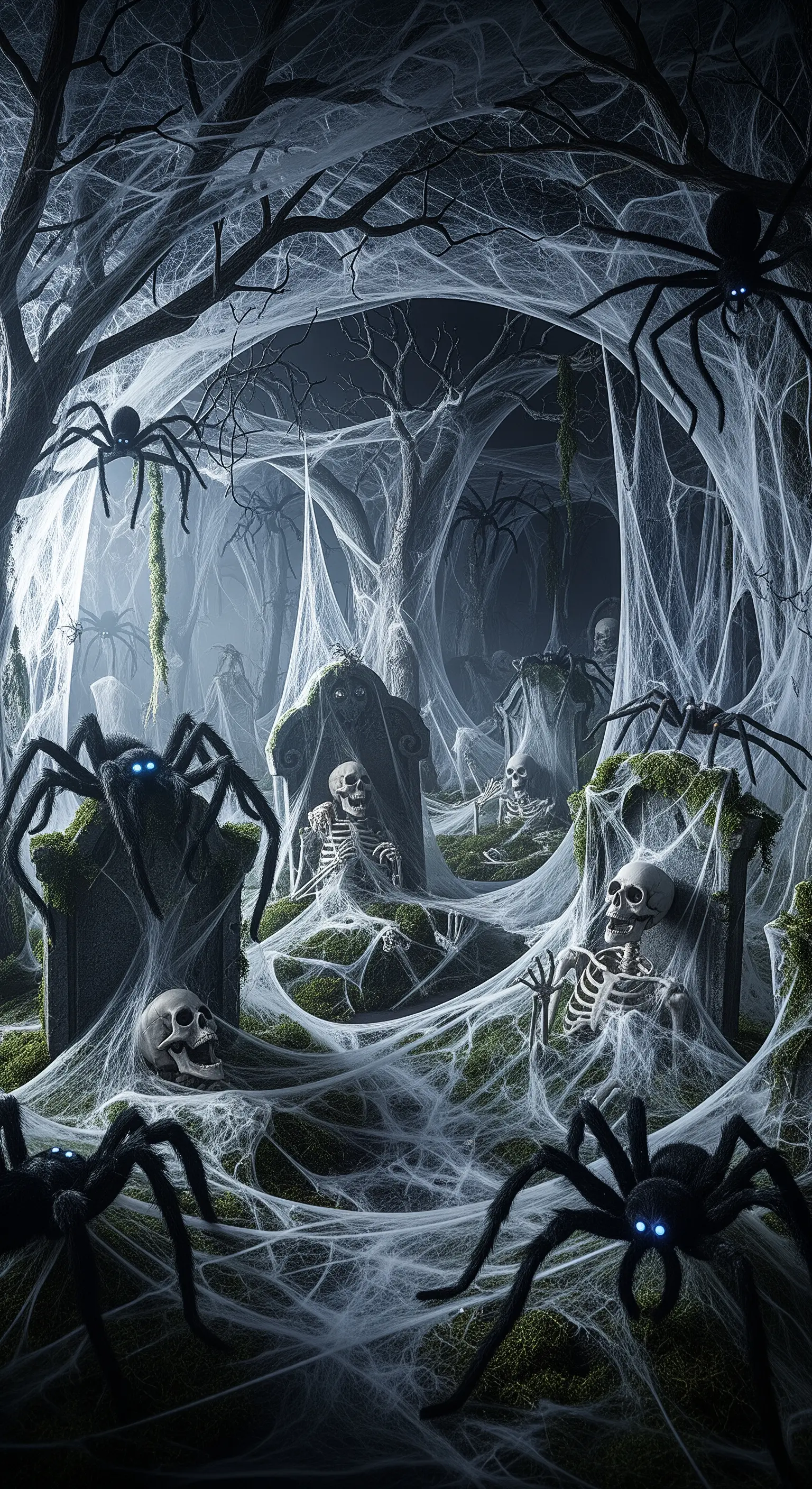 Un cimitero interamente avvolto da fitte ragnatele e infestato da ragni giganti.