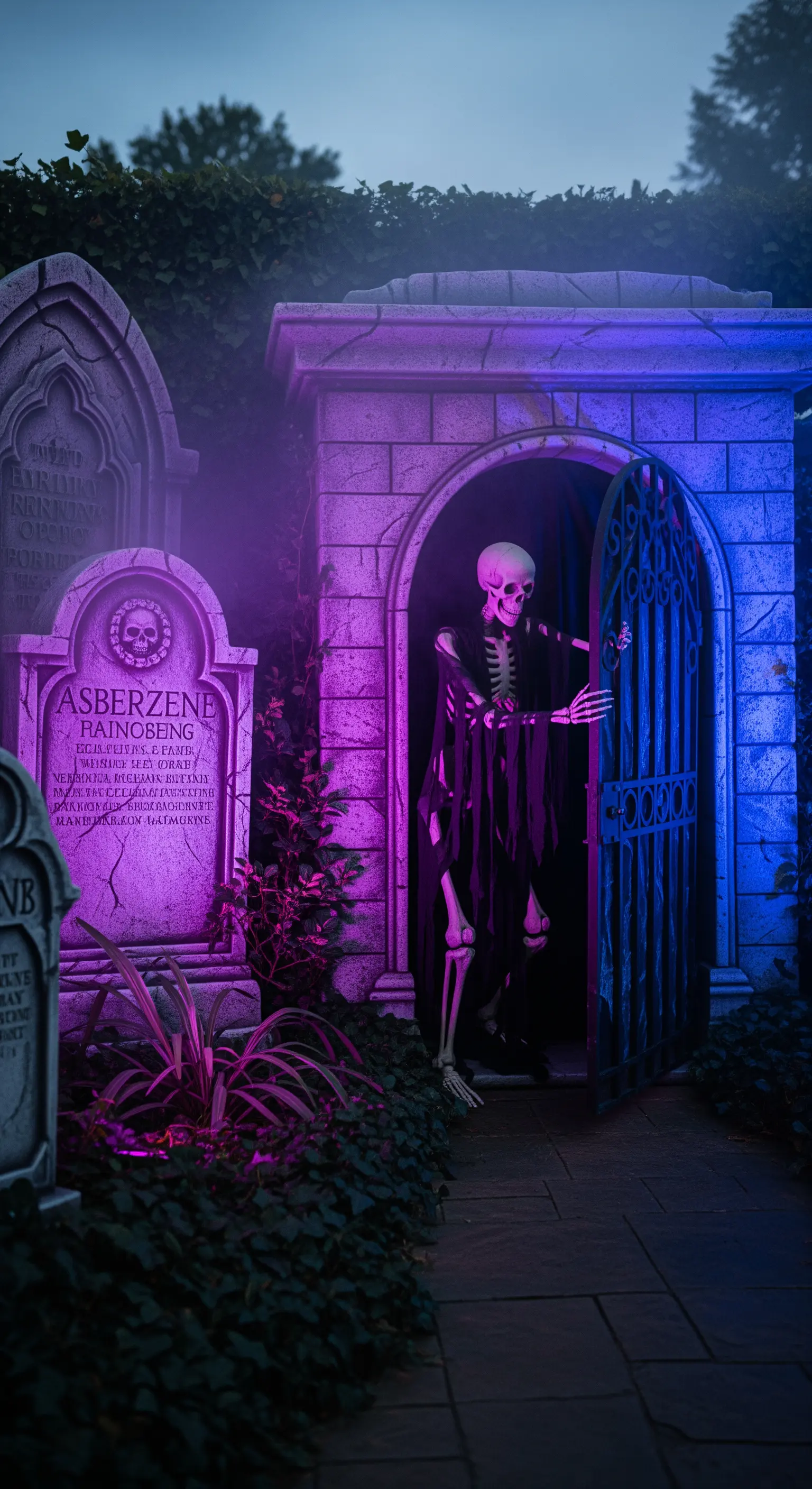 Uno scheletro apre il cancello di una cripta illuminata da luci viola e blu intense.