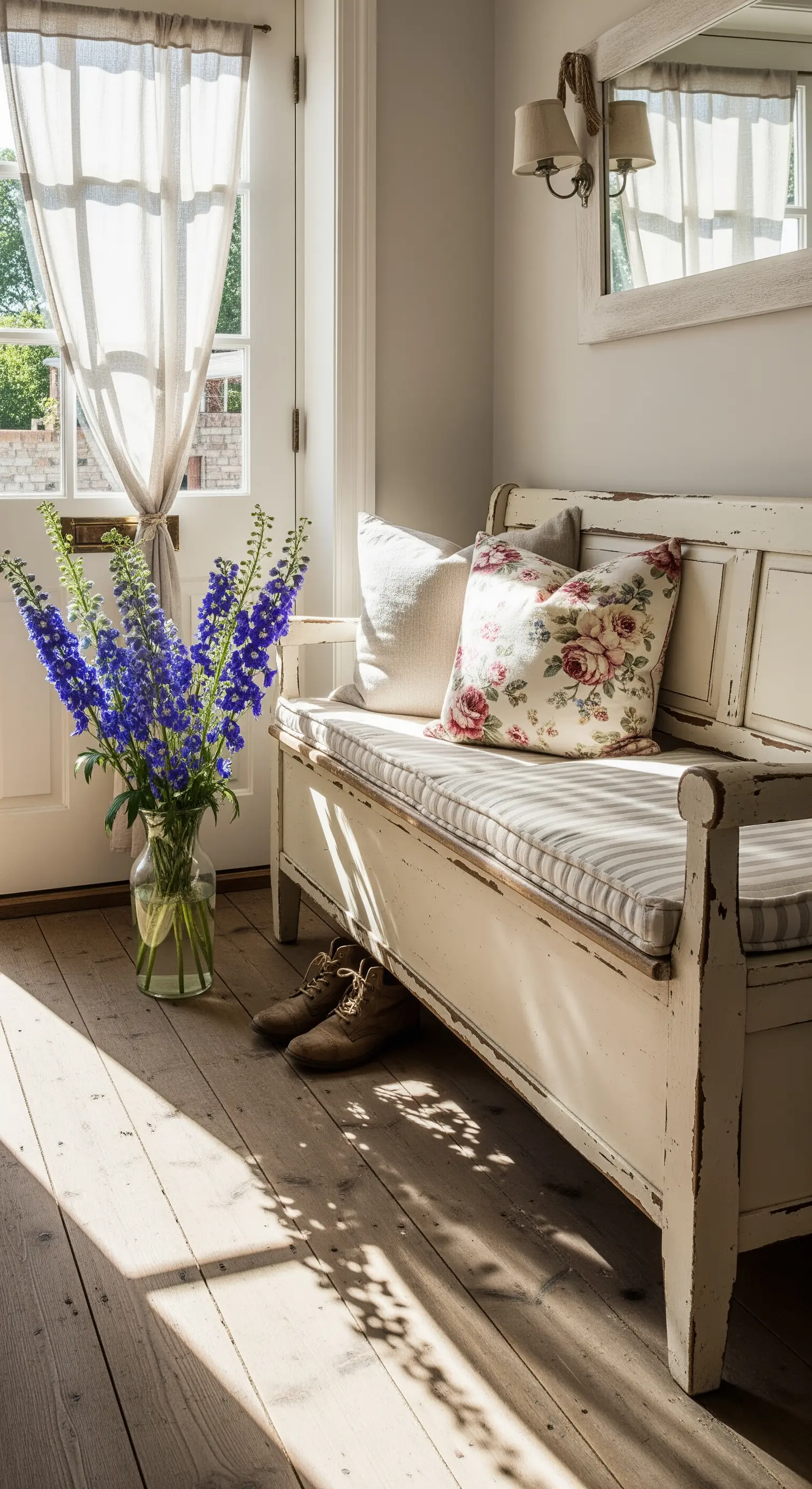Panca bianca decapata in un ingresso luminoso, con cuscini e un vaso di fiori blu.