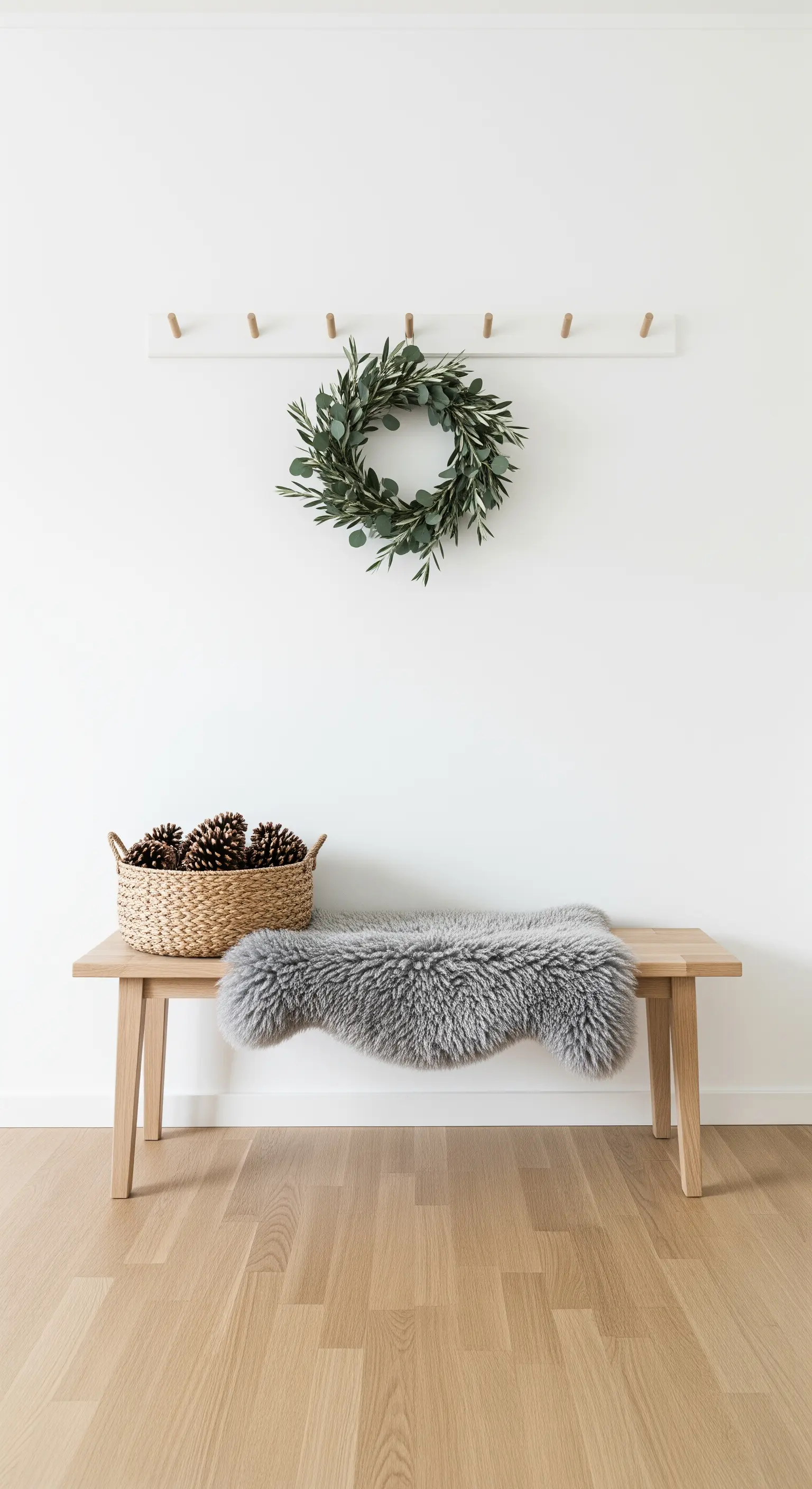 Ingresso minimalista con panca in legno, pelle di pecora e ghirlanda di eucalipto.