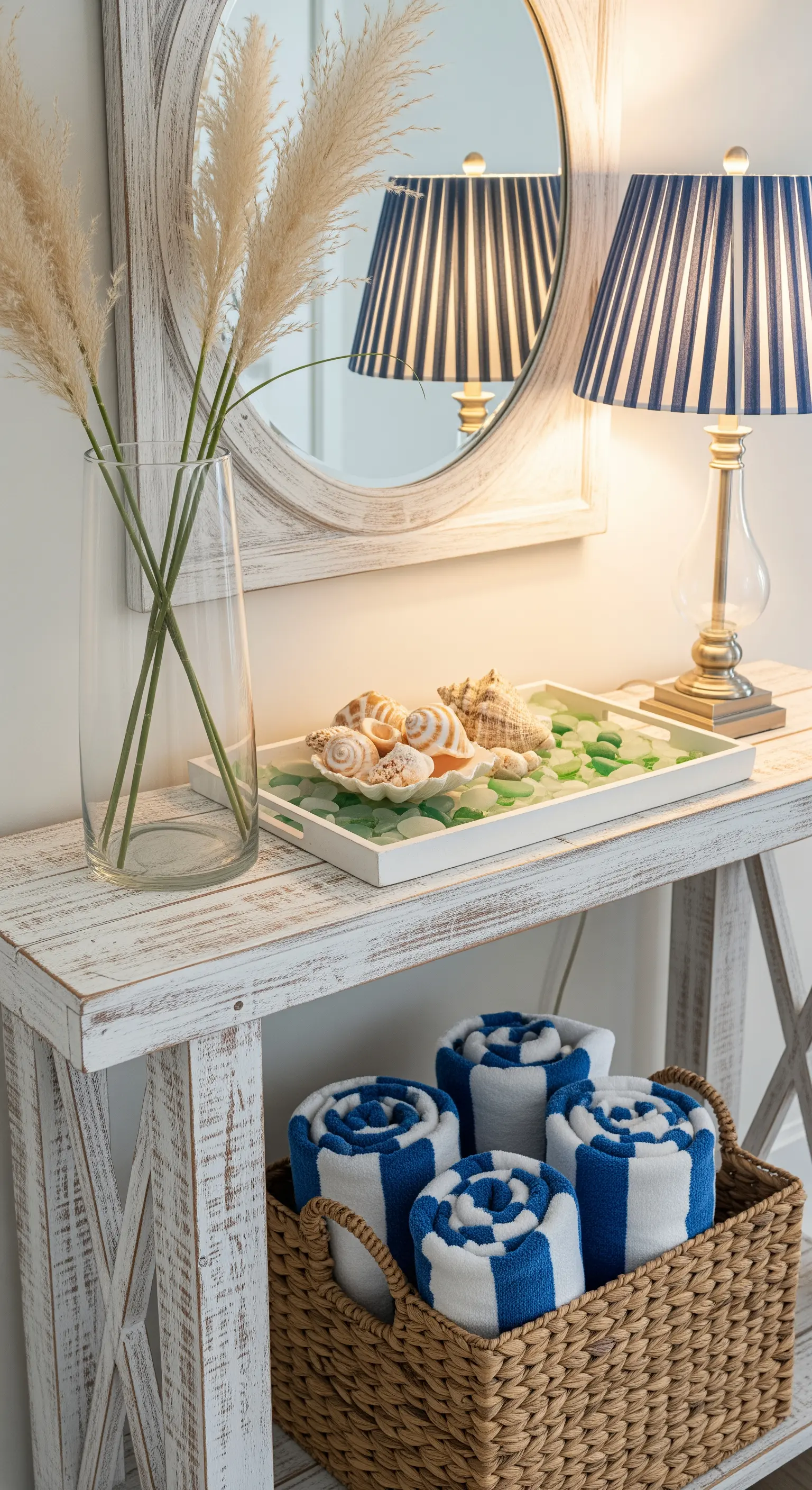 Console in legno bianco con specchio, lampada a righe blu e vassoio con conchiglie.
