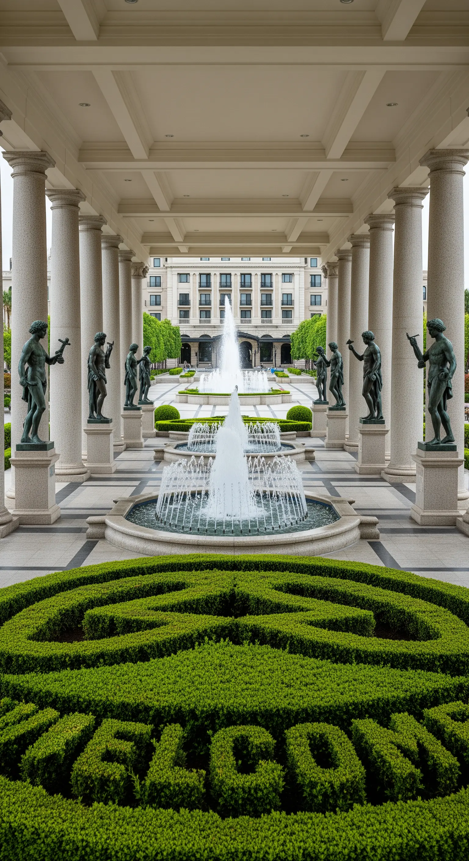 Ingresso monumentale con colonne, fontane e una siepe che forma la scritta 'WELCOME'.