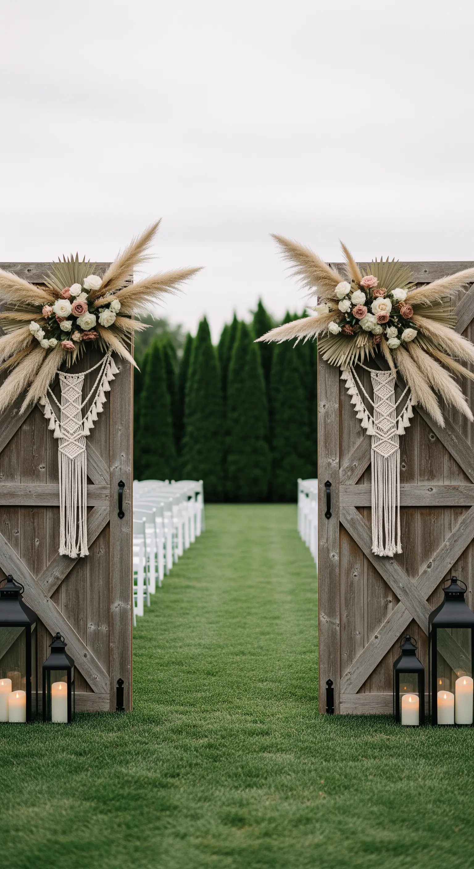 Due porte in legno al centro di un prato fungono da ingresso alla cerimonia nuziale.