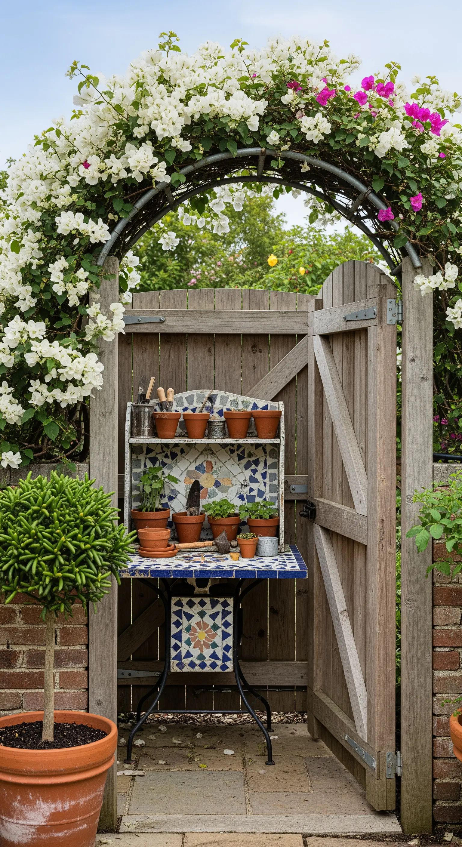 Cancello da giardino con arco di bouganville bianca e un tavolo da lavoro in mosaico.