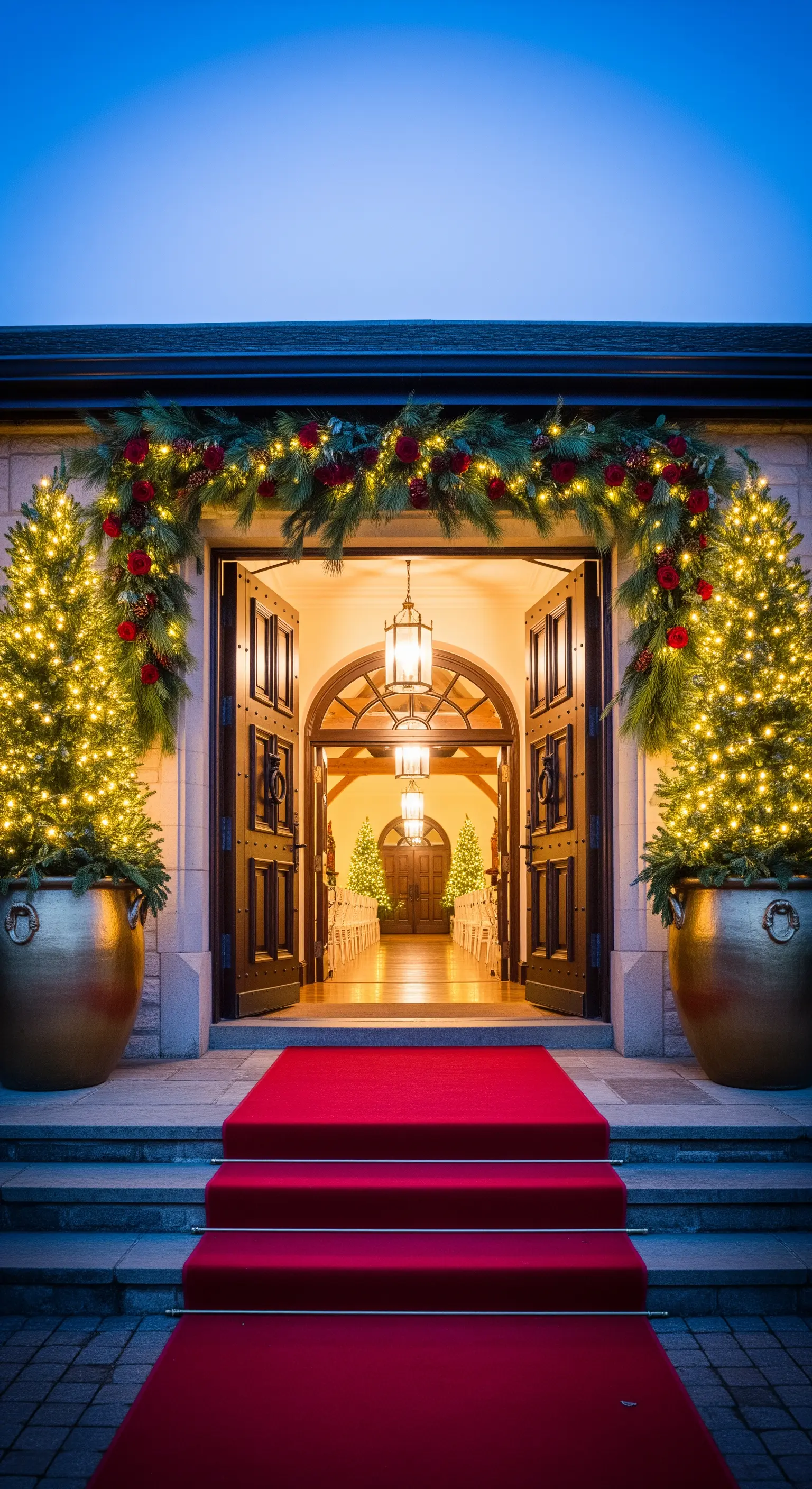 Ingresso di una location nuziale con tappeto rosso, ghirlande e alberi di Natale illuminati.