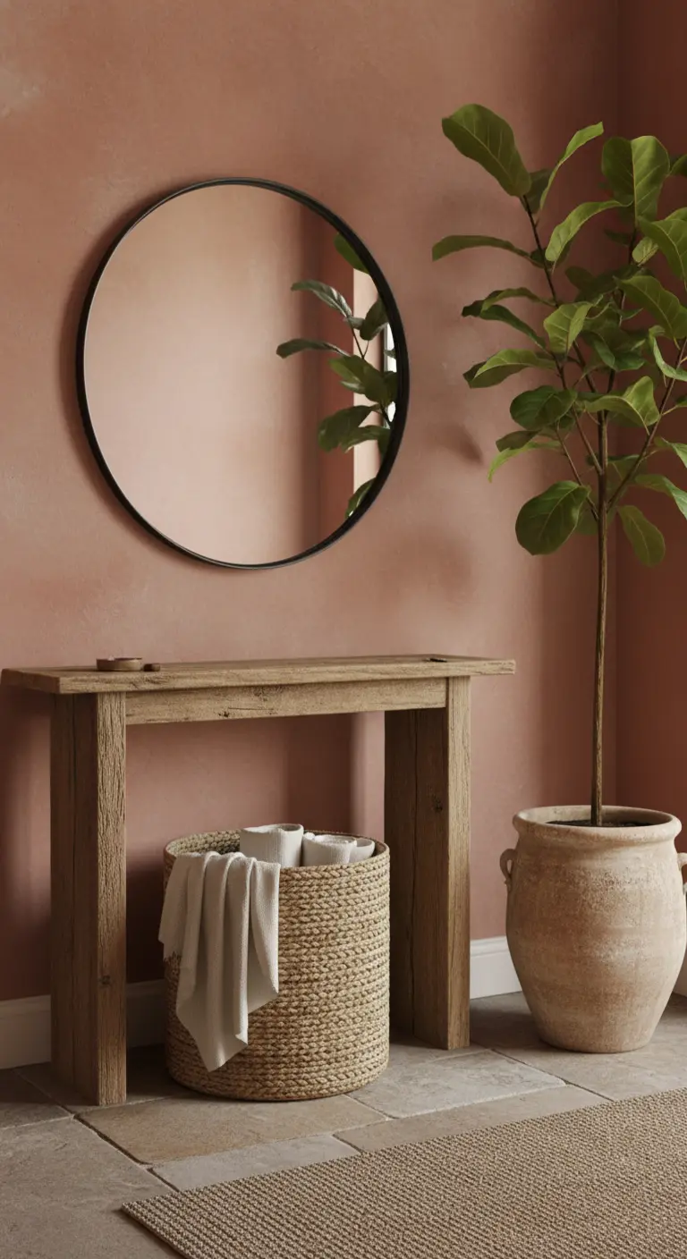 Ingresso con console in legno, specchio rotondo, pianta in vaso di terracotta e cesto intrecciato.