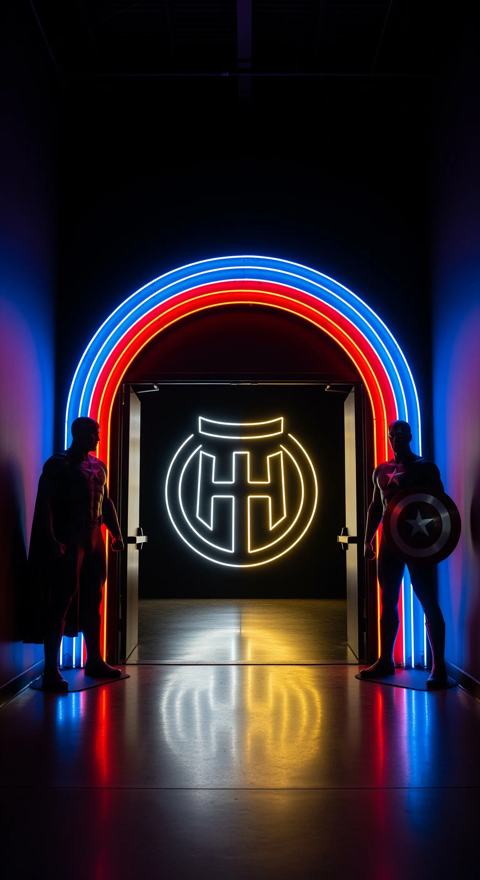 Ingresso a un party a tema supereroi con arco al neon e silhouette di eroi.