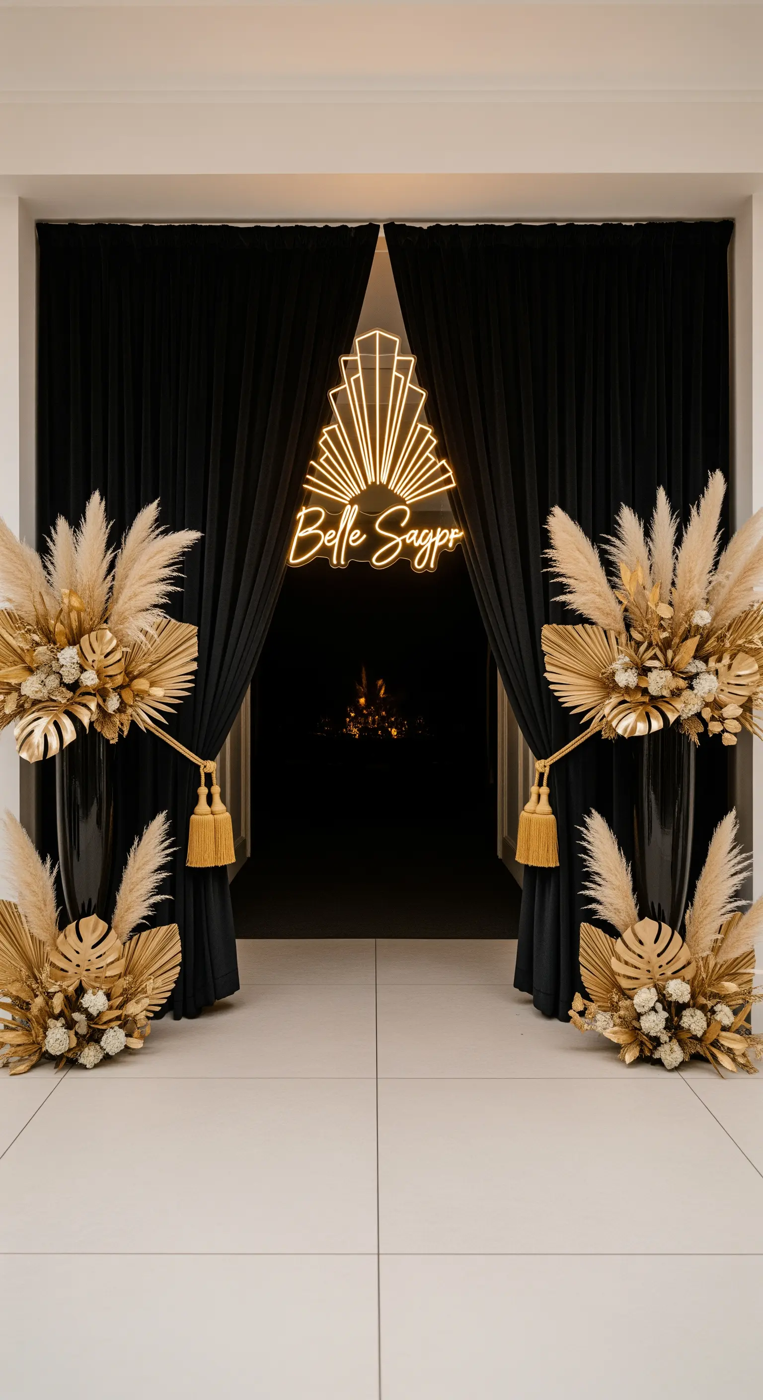 Ingresso di una festa con tende di velluto nero, neon Art Déco e composizioni floreali oro.